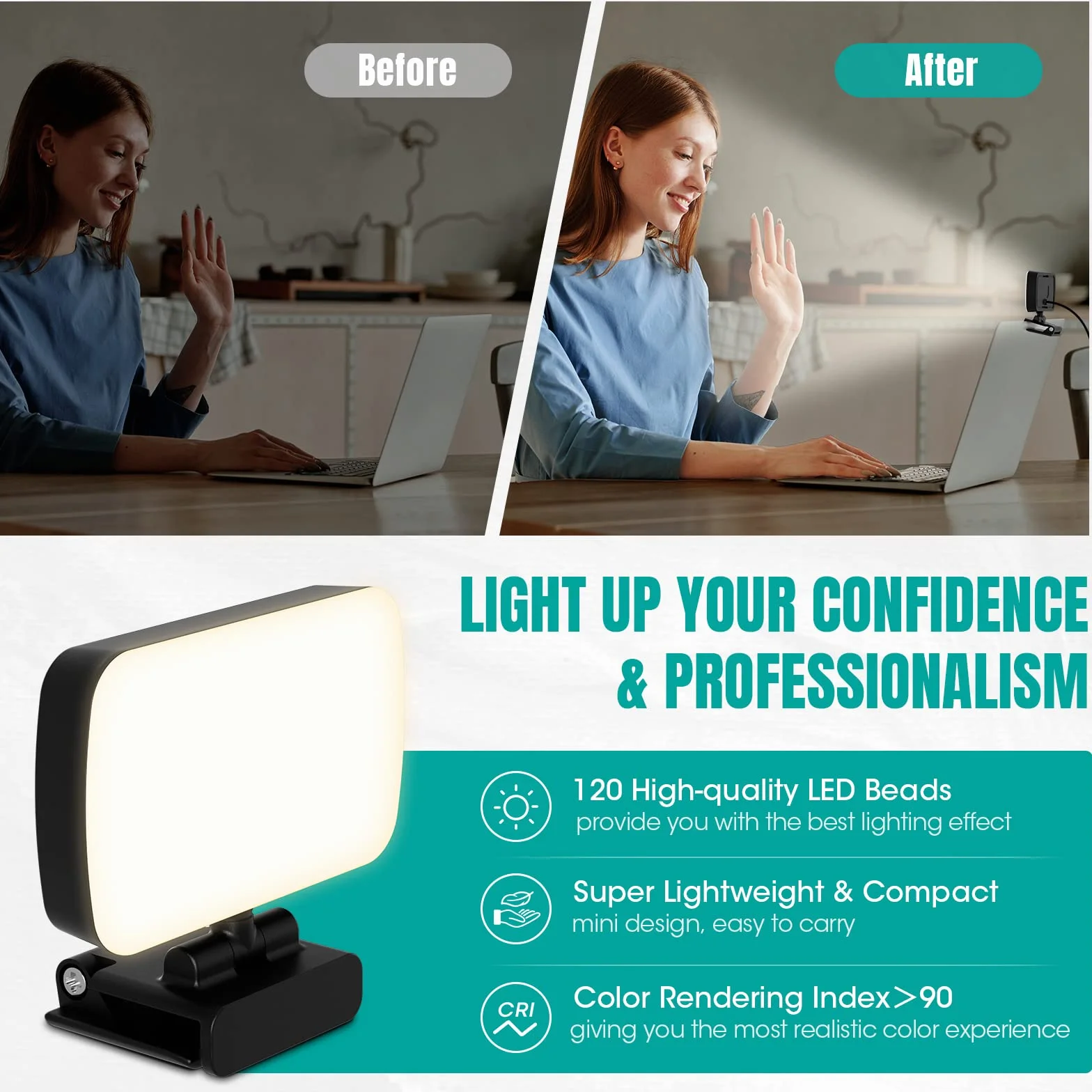 RealPlus Videokonferenz Licht mit Clip &USB-Kabel, 120 LED+3 Lichtfarben+10 Helligkeiten+360°Drehbar Beleuchtung, Streaming Licht, Fotolicht, Webcam-Licht, für PC-Monitor/Zoom-Meetings/Geschenk, Büro