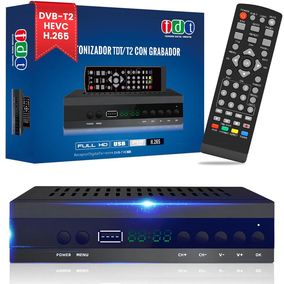 DVB HD HDMI TV-Receiver, TDT DVB-T2 H265 HEVC FTA, PVR, USB, MPEG-2/4, Digitaler SCART, Full HD 1080p Terrestrischer Digital-Tuner, Kompatibel Mit Android (2024 Neu)