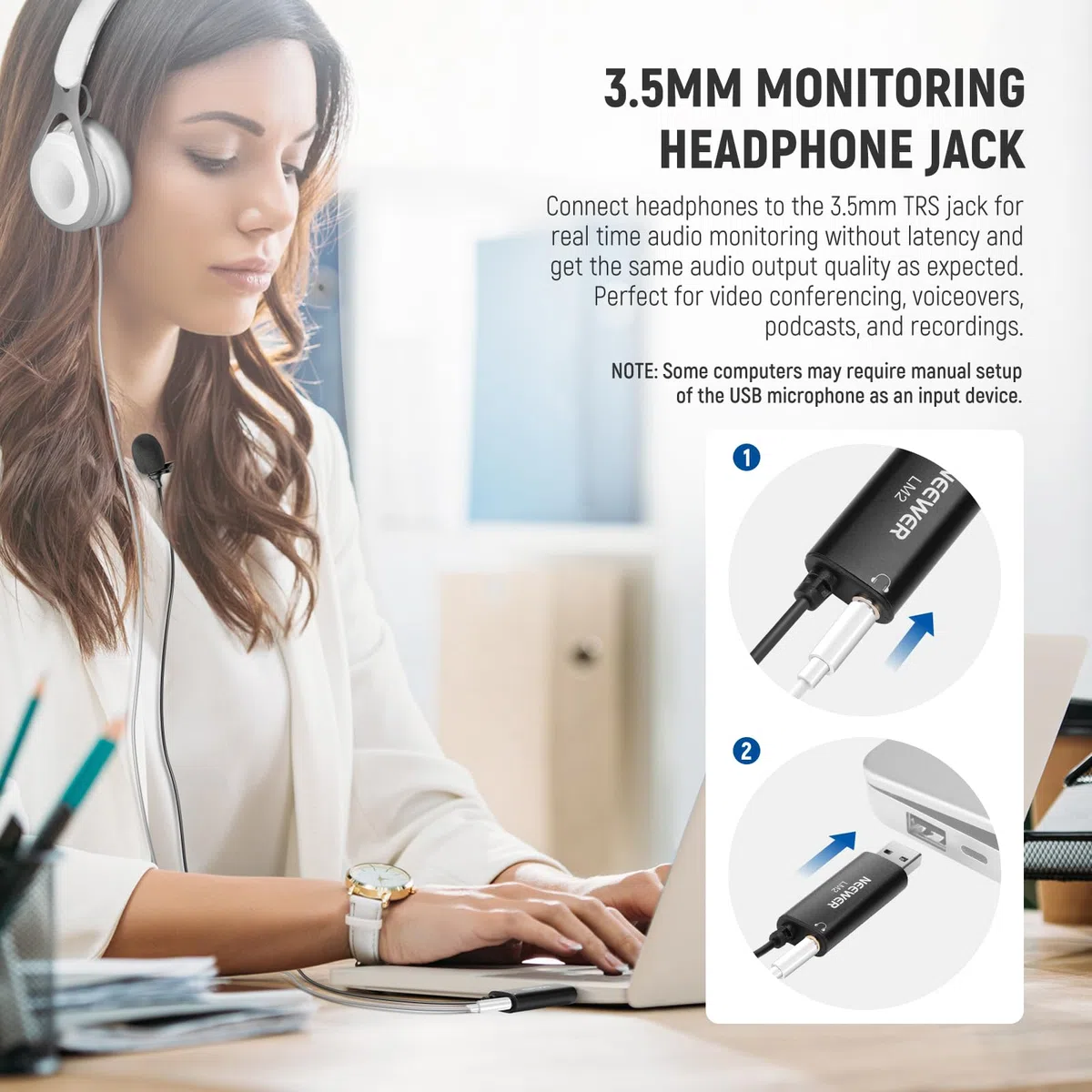 NEEWER USB Ansteckmikrofon Mini Lavalier Mikrofon mit omnidirektionaler Richtwirkung 3,5m Kabel für USB 2.0 Mac Windows PC Laptop Computer YouTube Skype Podcast, Gaming Vlog Video Konferenzen LM2
