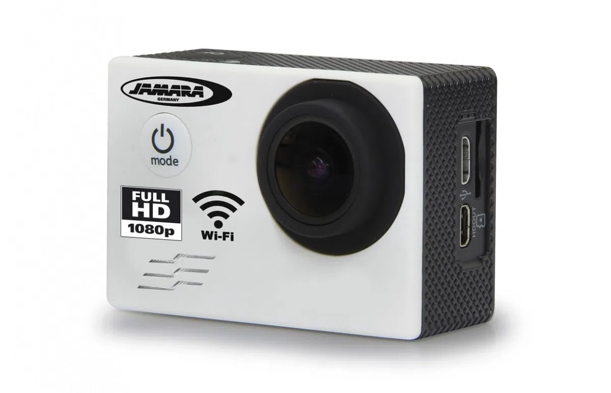 JAMARA 177891 - Camara Full HD Pro WiFi V2 - 16MP, 1080p, 170° Weitwinkel, wasserdicht bis 30m, 2 Zoll LCD-Display, Foto/Video Funktion per Smartphone steuern, inkl. sämtlichen Halterungen, weiß
