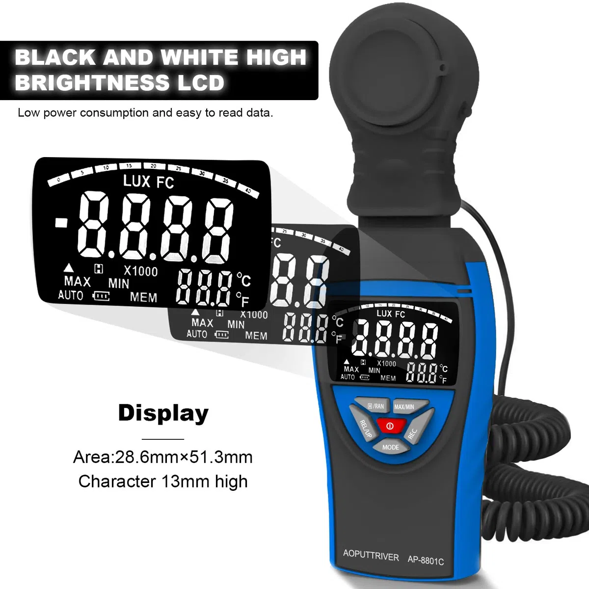 AP-8801C Digital Lux Meter 0.1~400,000Lux Beleuchtungsmessgerät Lux Messgerät Beleuchtungsstärke Lichtmesser mit Ausziehbarem Lichtdetektor bis zu 2 Metern, Daten Halten, Lux/FC-Auswahl - Blau