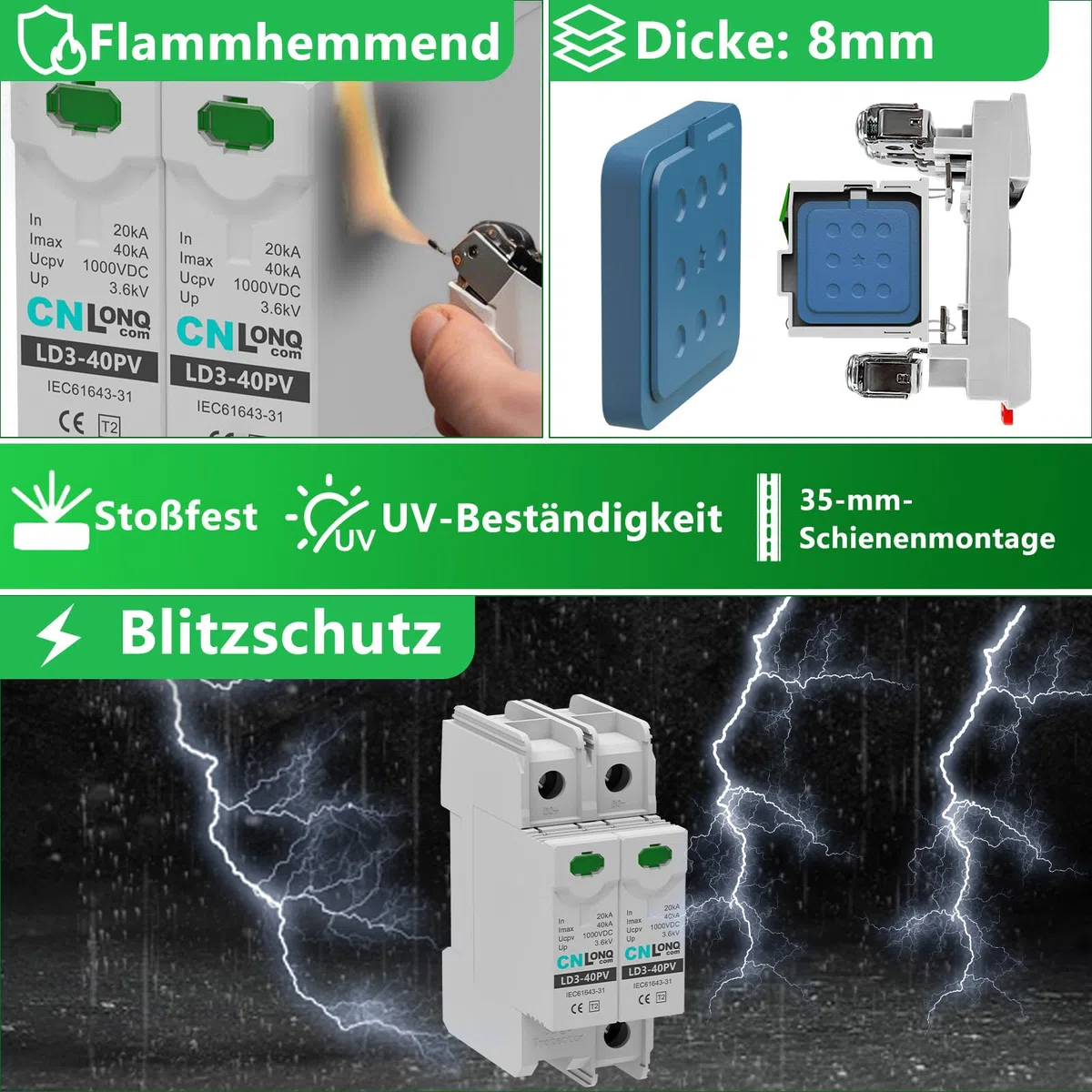 CNLONQ 2 Stück DC Überspannungsschutz PV Anlage DC1000V 2P 20kA/40kA 2P T2 Überspannungsableiter Blitzschutz Für Solar-Photovoltaik 35mm DIN-Schienenmontage