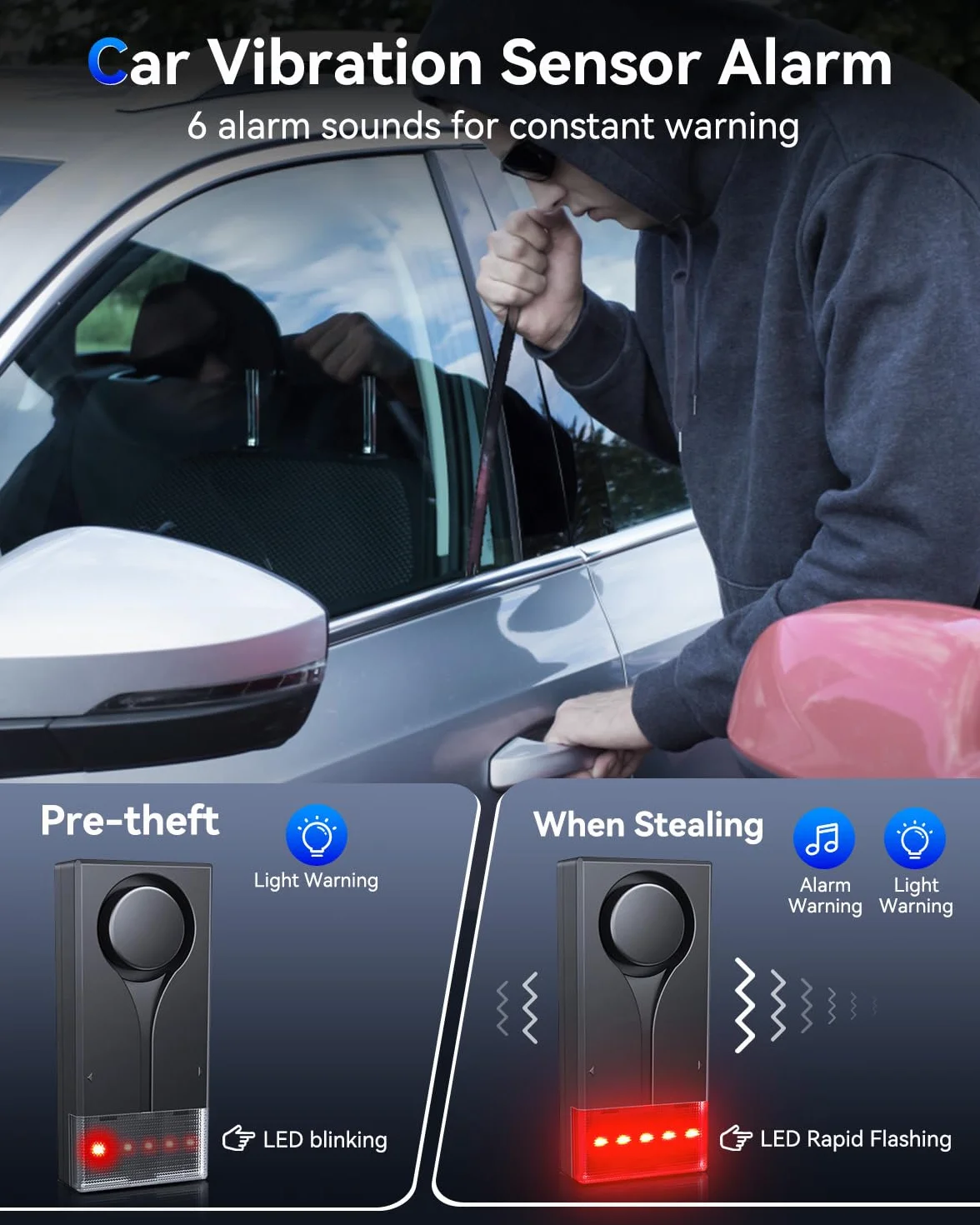 108 dB Autoalarmanlage, Auto-Diebstahlschutz mit Vibrationssensor, kabelloses Fernbedienungs-Diebstahlschutzgerät mit magnetischer Befestigung für Wohnmobile, SUVs und Lkws