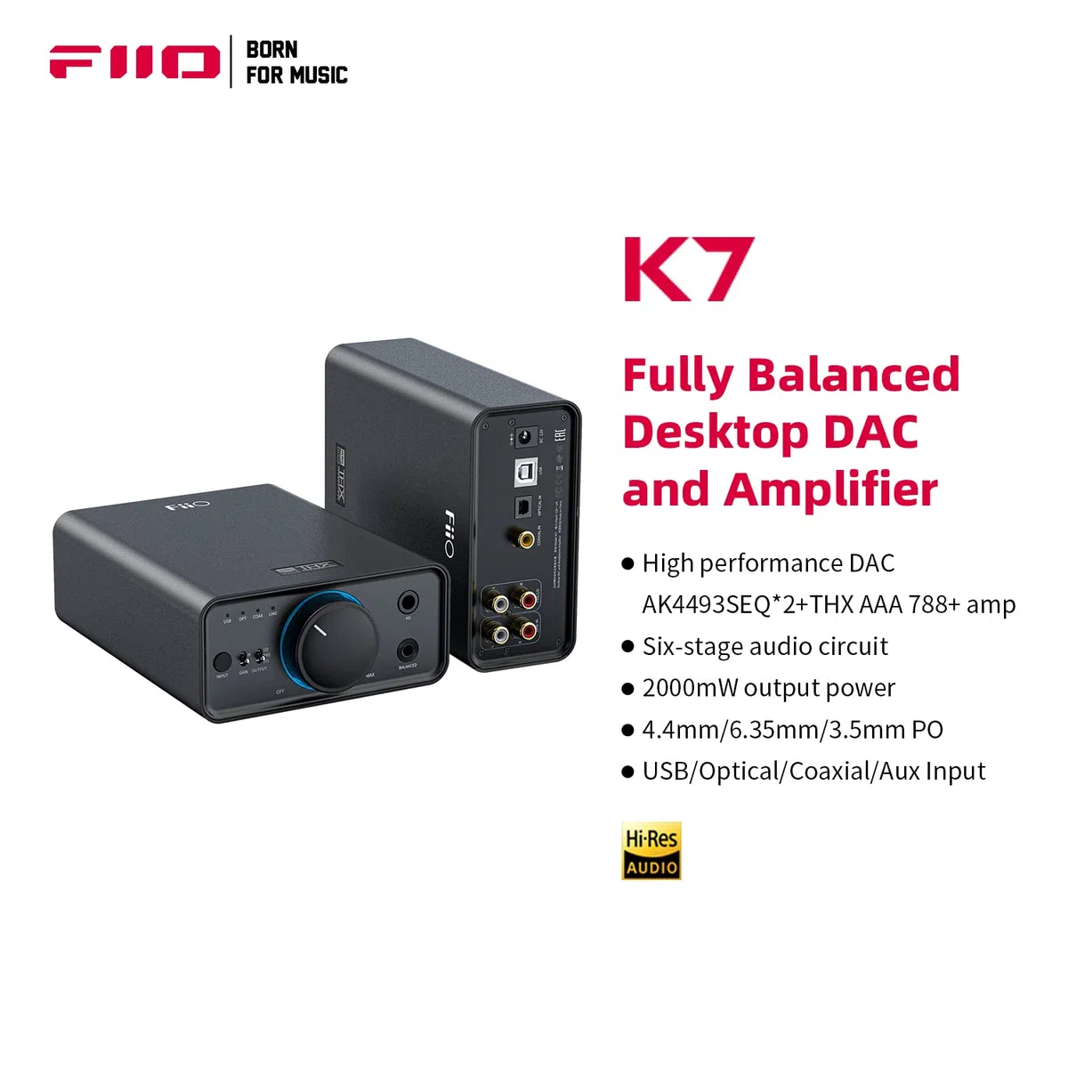 FiiO K7 Full Balanced HiFi DAC Kopfhörer-Verstärker AK4493S*2, XMOS XU208 PCM384kHz DSD256, USB/optisch/Koaxial/Cinch-Eingänge, 6,35 mm/4,4 mm Ausgang