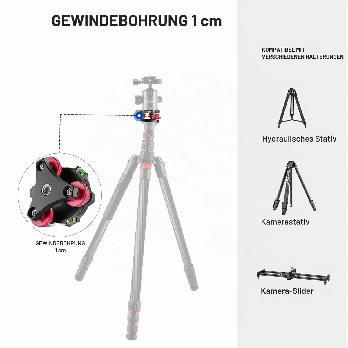 NEEWER Stativkopf Nivelliersockel, Kamera Nivelliergerät, 3 Achsen Dreiradkopf aus Flugzeugaluminiumlegierung, 3/8" Gewinde, -5° präzise Winkeleinstellung für Makro Panoramafotografie, LP64