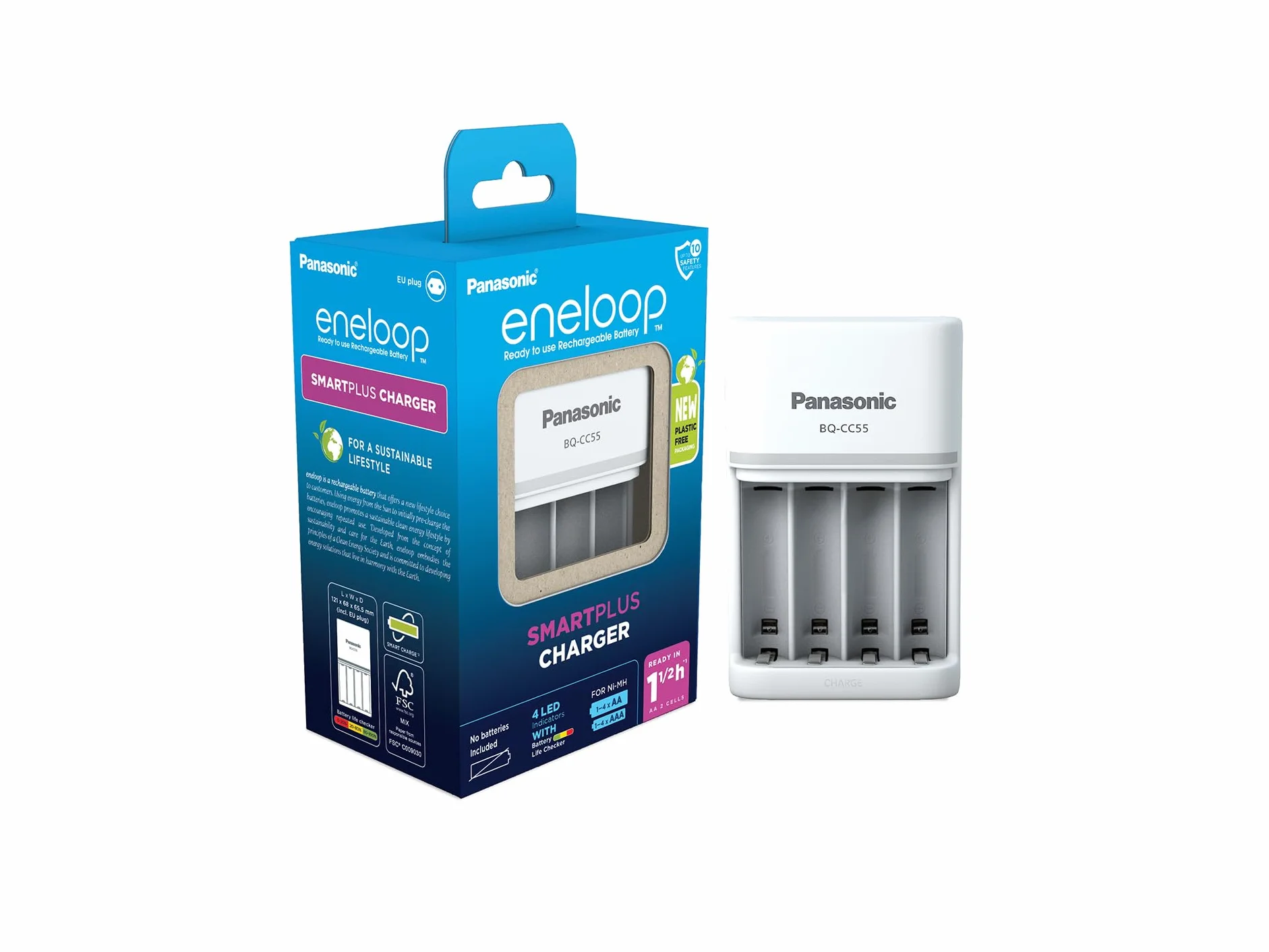 eneloop SmartPlus Ladegerät, für 1-4 AA/AAA NI-MH Akkus, 1.5 Stunden Ladezeit, 10 Sicherheitsfunktionen