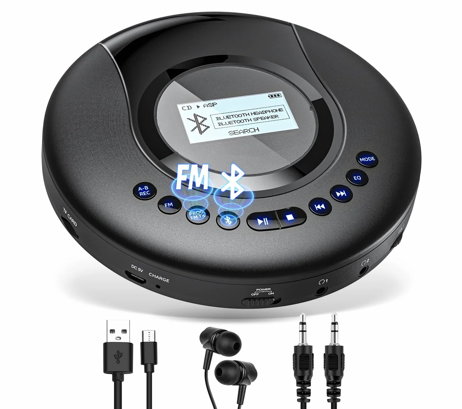 Arafuna Tragbarer Bluetooth CD-Player mit Akku & LCD-Display, 2000mAh wiederaufladbarer Discman mit Anti-Shock, FM-Radio, Kopfhörer – Geeignet für Auto & Kinder