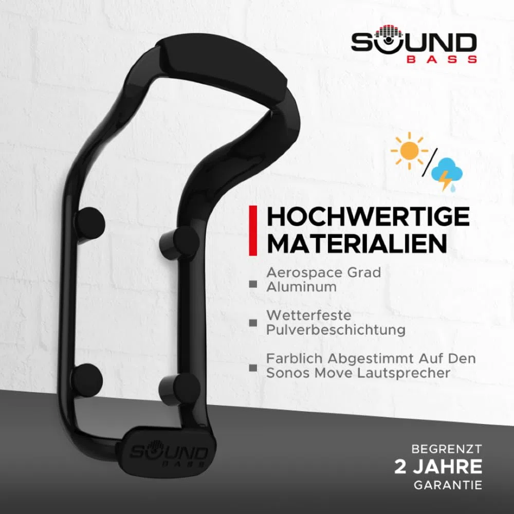 Sound Bass Move Lautsprecher-Wandhalterung, Wetterfest, Kompatibel mit Sonos Move Version 1 & 2, Inklusive Montagezubehör, Schwarz