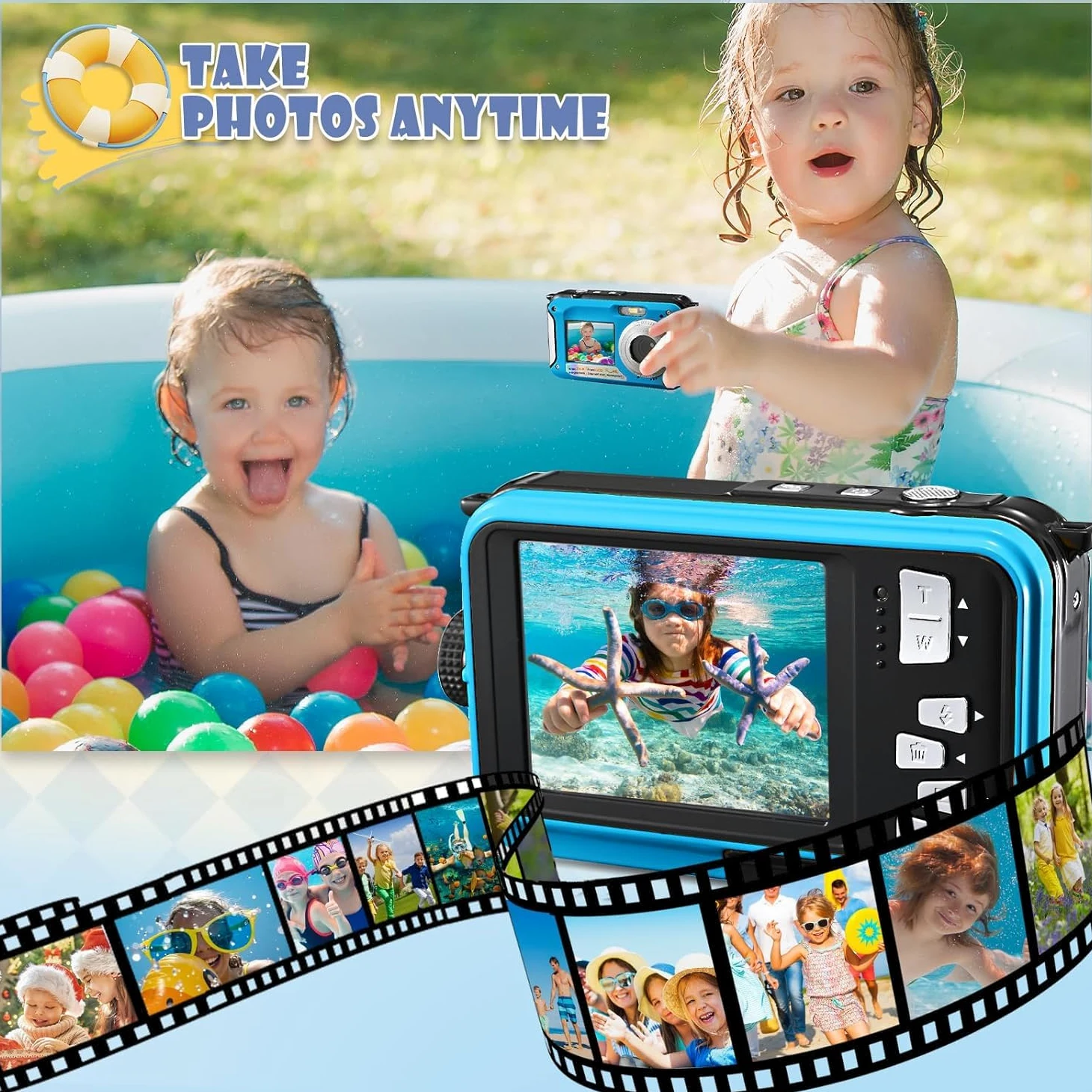 Digitalkamera, wasserdicht, Full HD 2,7 K, 48 MP, Doppelbildschirm, Anti-Vibration, Selfie, Doppelbildschirm, 16 x Zoom, Kamera für Schwimmen, Urlaub (blau)