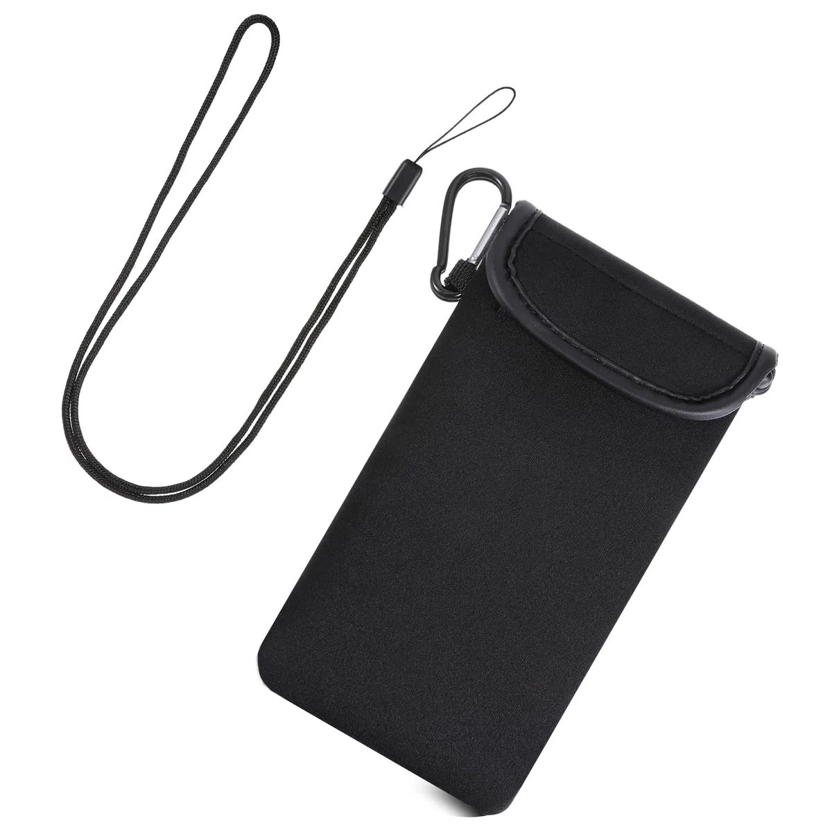 Neopren Handy Tasche mit Umhängeband und Karabiner Universelle Handytasche 7 Zoll Lang (Schwarz)