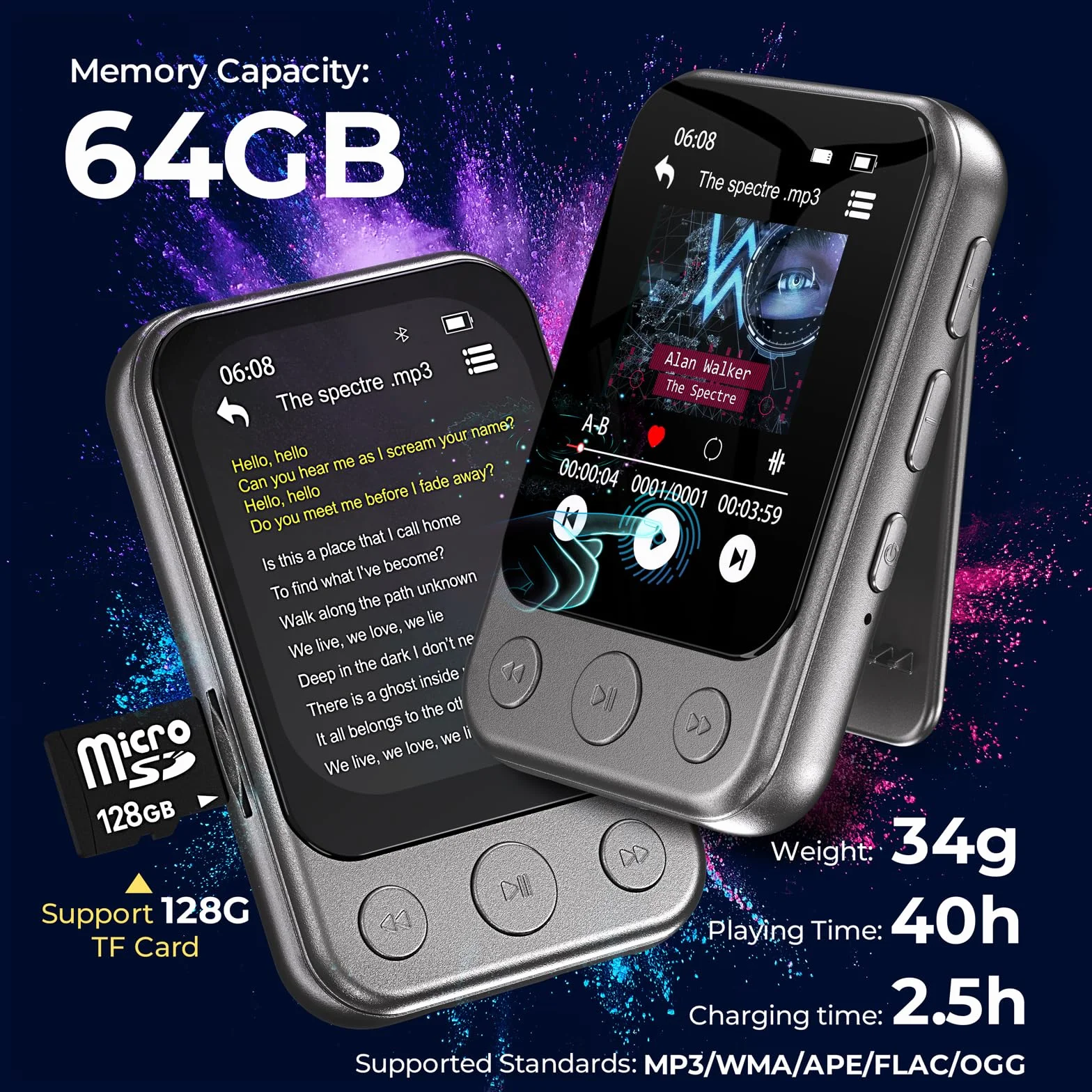 64GB MP3 Player Bluetooth 5.3 mit Clip & Lautsprecher, Sport Musik-Player mit Touchscreen und Tasten, unabhängiger Lautstärkeregler, FM-Radio, Sprachaufnahme, erweiterbar auf bis zu 128GB