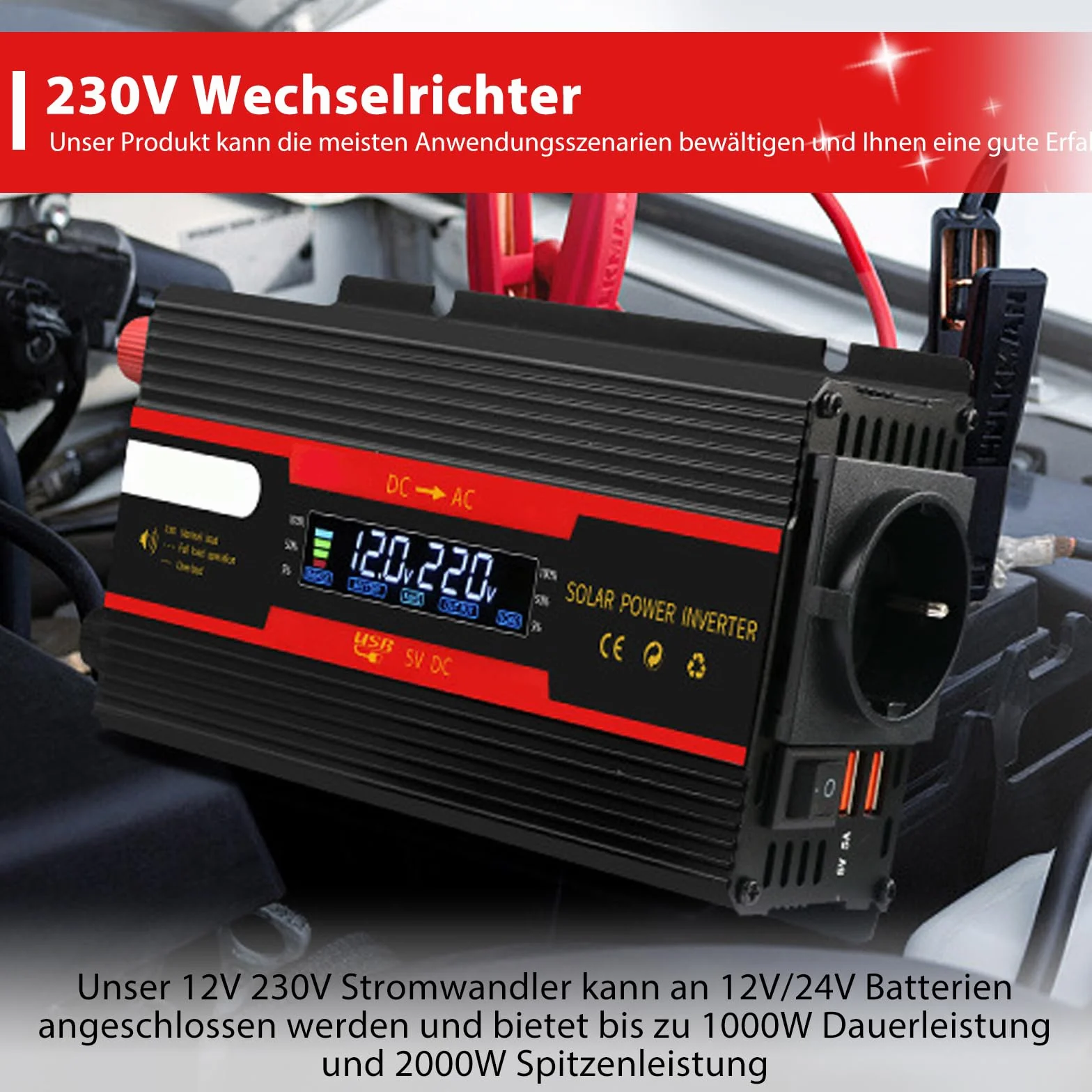 Wechselrichter Spannungswandler DC 12V / 24V auf AC 230V Modifizierte Sinuswelle Inverter 2000W mit EU Steckdosen, 2 USB und LCD-Anzeige Stromumwandler Adapter für Auto Kfz LKW Wohnwagen Camping