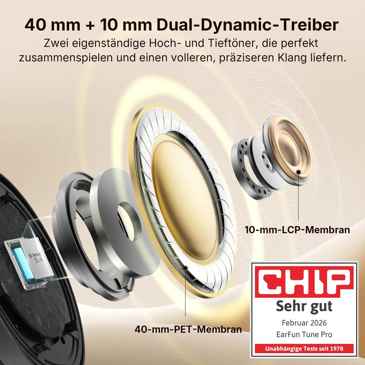 EarFun Tune Pro Over-Ear Kopfhörer Kabellos, Aktiver Geräuschisolierung, Dual-Dynamic-Treibern, Hi-Res Audio, 120 Std. Akku, Bluetooth 5.4 Kopfhörer mit 5 KI-Mikrofone, Multipoint, APP, Theatermodus