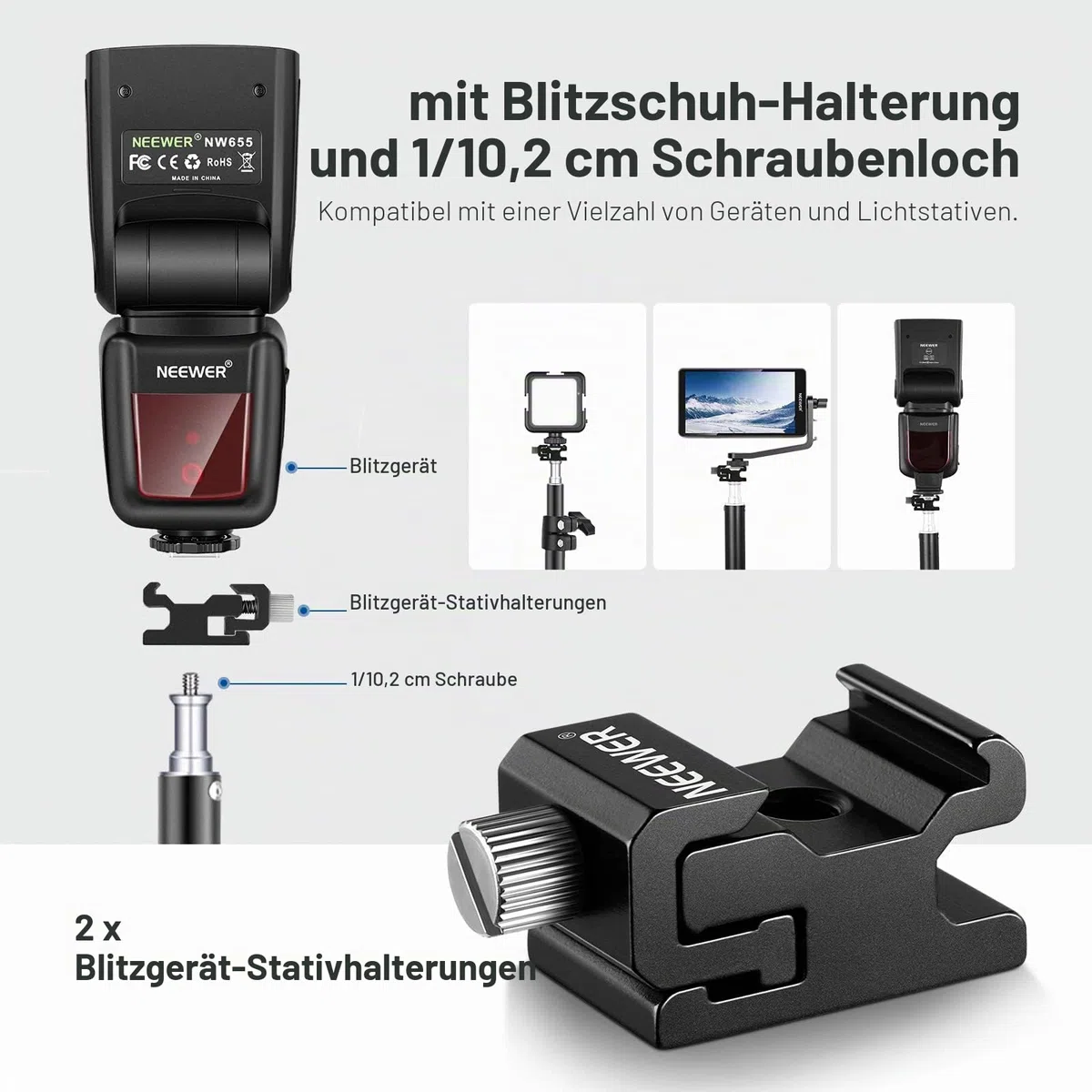 NEEWER 8 PCs Hot Shoe Mount Adapter Kit, inklusive Triple Cold Shoe Mount, 1/4" Schraube, Blitzstativhalterung und Hot Shoe Cover für DSLR Kameras, LED Leuchten, Mikrofon, Lichtständer, Monitor