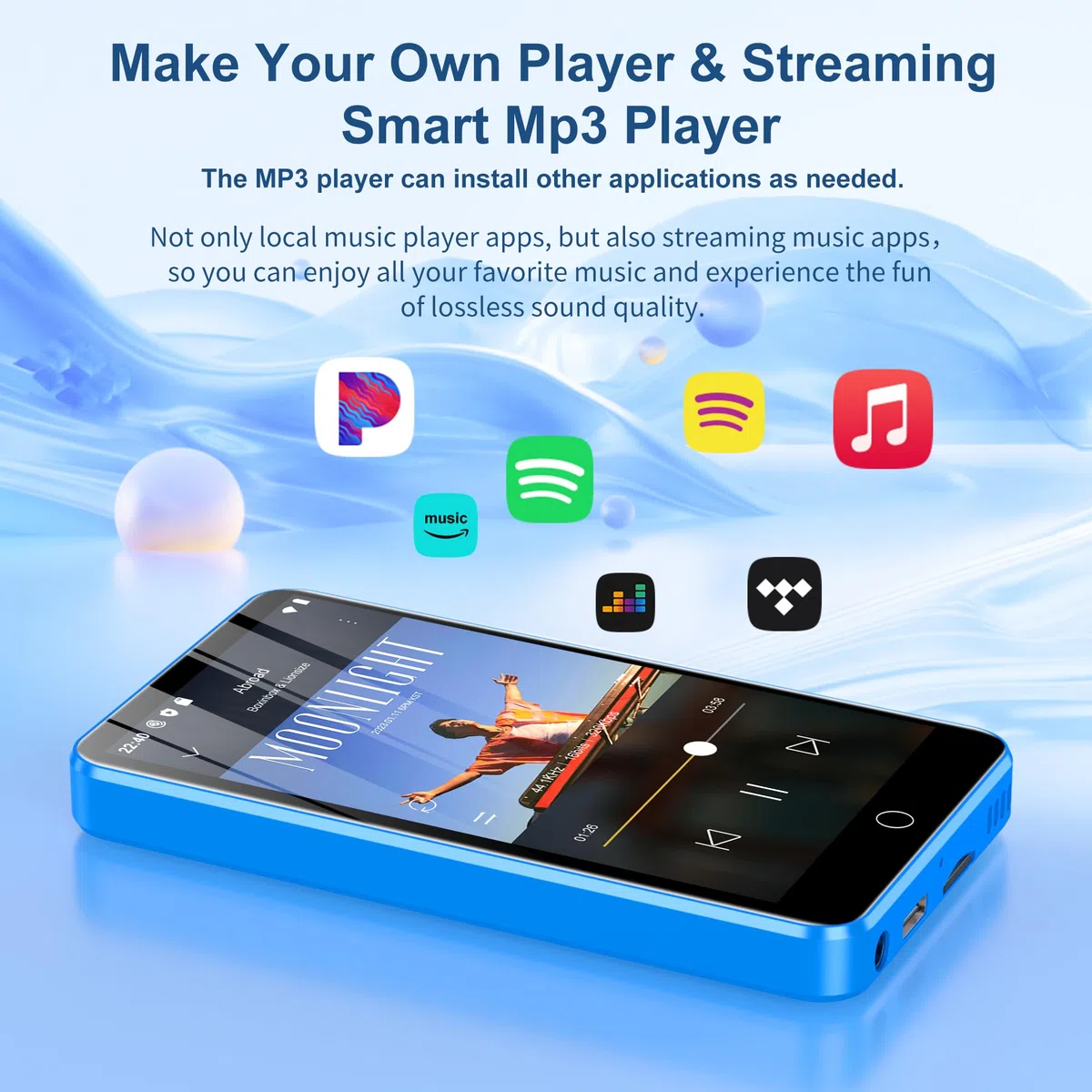 80GB MP3 Player mit Bluetooth und Wi-Fi, Android MP3-Player Spotify, Amazon Music, Audible, 4-Zoll-Touchscreen MP4 Player, Diofox Streaming Musikplayer mit Play Store, FM-Radio, Deezer - Blau