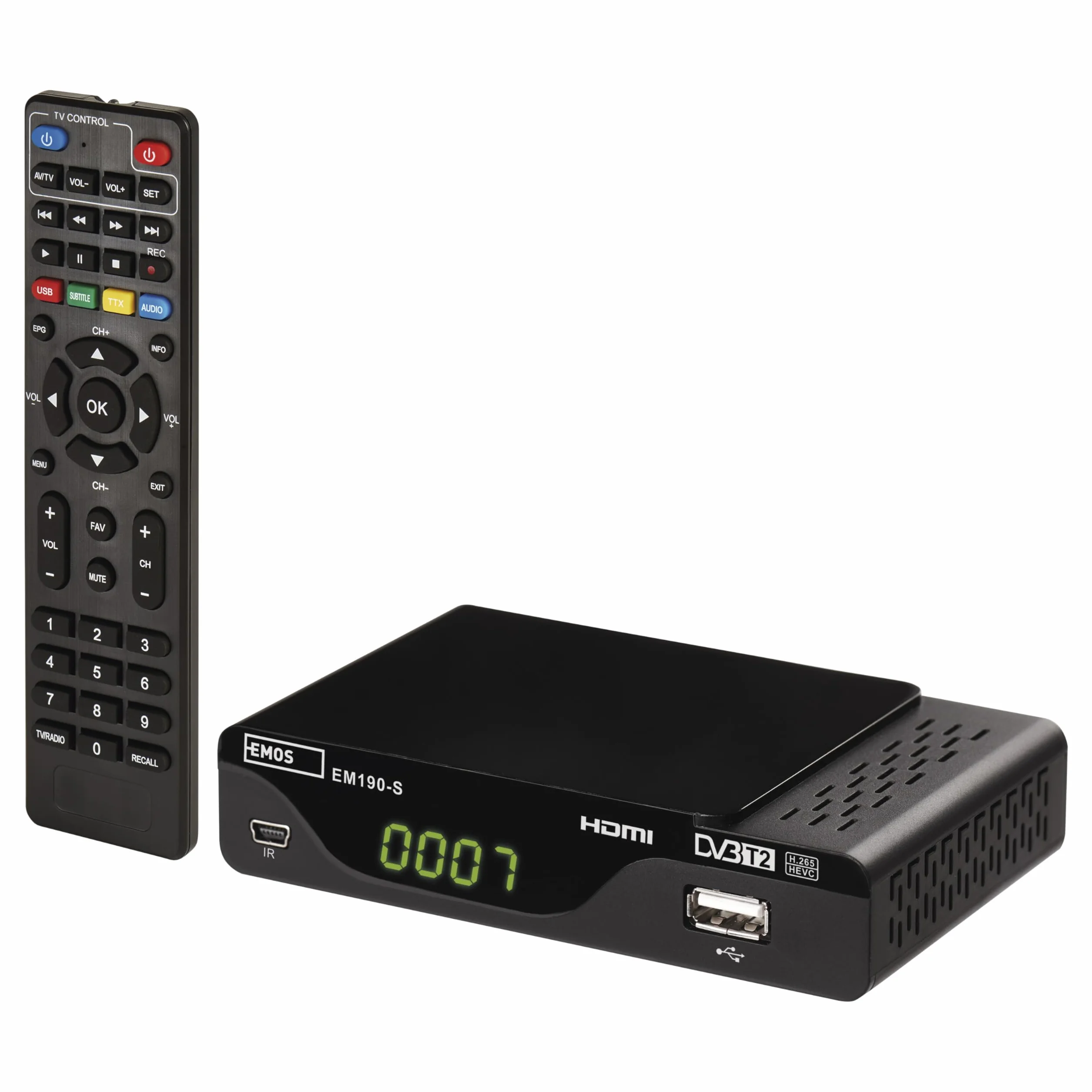 EMOS DVB-T2 HD Receiver H.265 HEVC mit USB, HDMI, SCART und Koaxial-Anschluss, Fernbedienung und Infrarot-Sensor, PVR, Mediaplayer und EPG Funktion, 1080p