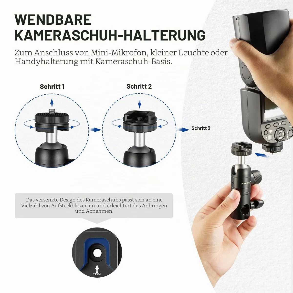 NEEWER Lichtstativ-Adapter mit Kaltschuh, 6,35 mm (1/4 Zoll) Mini-Kugelkopf, wendbare Montageplatte für Kamera-Monitor-Ringlicht, passend für Flachkopf/Galgenarm/C-Ständer, maximale Traglast 10 kg, 2