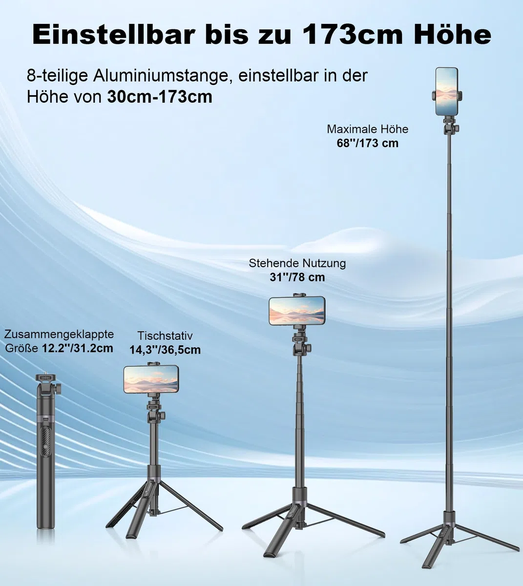 Gahenwo 173cm Selfie Stick Stativ, Einbeinstativ Tripod für Action-Kamera, All-in-1 Handy Stativ mit Fernbedienung,Tragbarer Reisen Telefonstativ-Ständer Foto Video-Kits kompatibel mit iPhone/Android