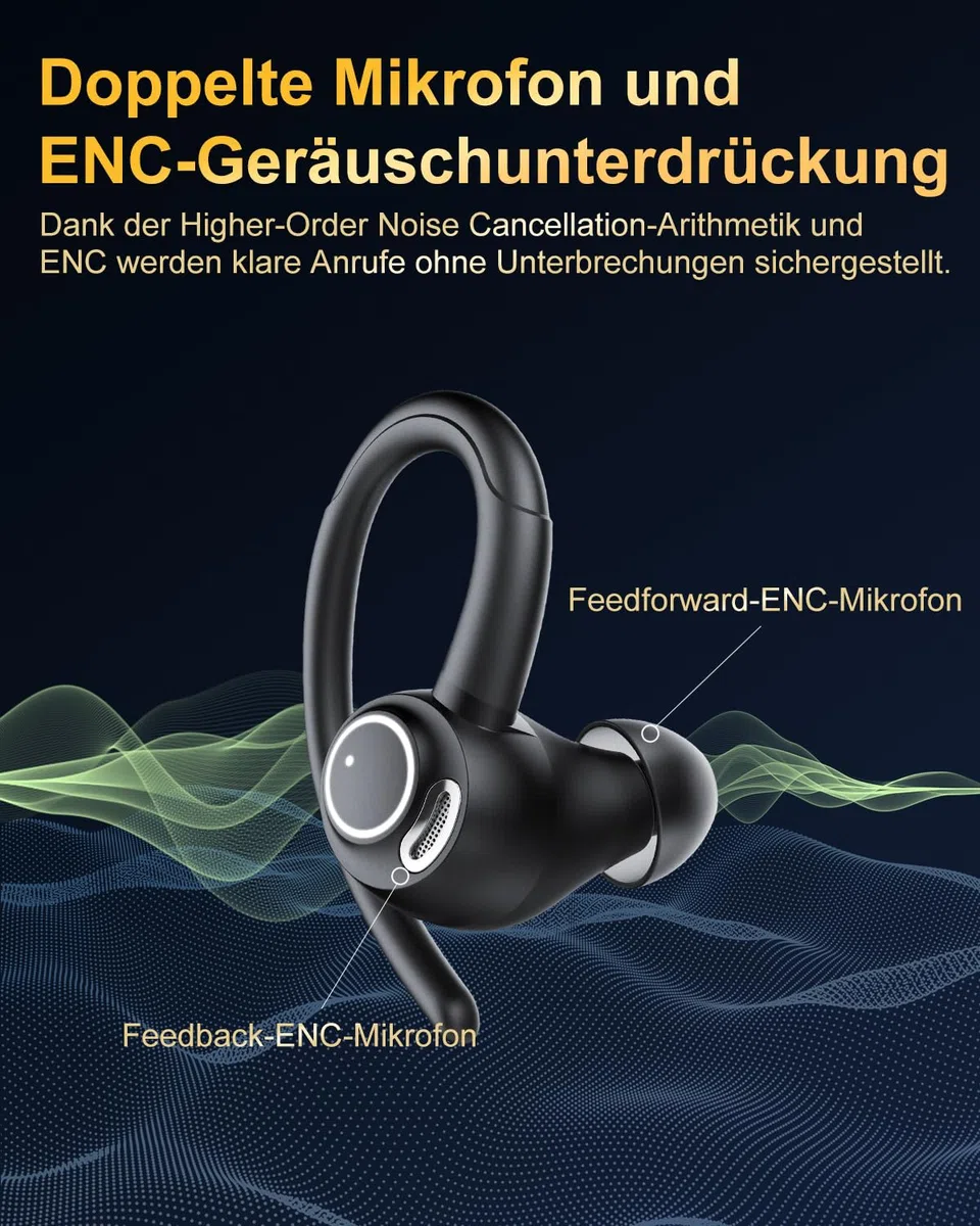 Jesebang Bluetooth Kopfhörer Sport, in Ear Kopfhörer Kabellos Bluetooth 5.4 mit HD Mic, Herausragender Sound, 40 Std Spielzeit, Comfort Fit, Dual LED-Anzeige, IP7 Wasserdicht Ohrhörer mit Ohrhaken