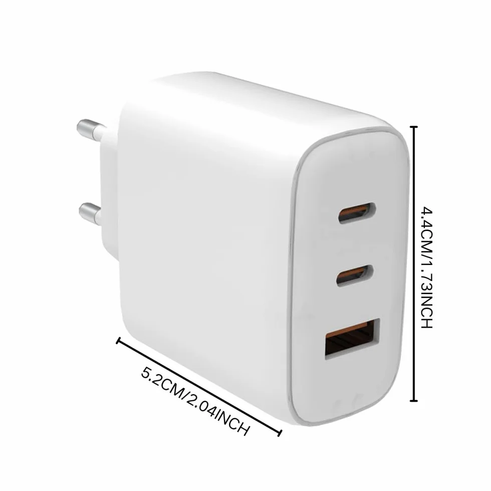 2er Pack USB C Ladegerät 65W 3 Port, Schnellladegerät PD, weiß | 3 Porte: 2x USB-C + 1x USB-A. 65W Gesamtleistung, PD Kompaktes GaN-Design für Zuhause, Büro und Reise. EU-Stecker.