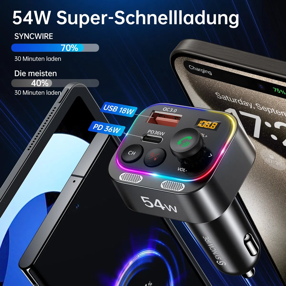 Syncwire Bluetooth 5.4 FM Transmitter Auto Ladegerät 54W PD&QC3.0 USB C Auto Adapter [Schnellladung] [Stärkere Dual-Mikrofone & HiFi-Basston] [Lichtschalter] Kabelloser Radio Freisprechanlage