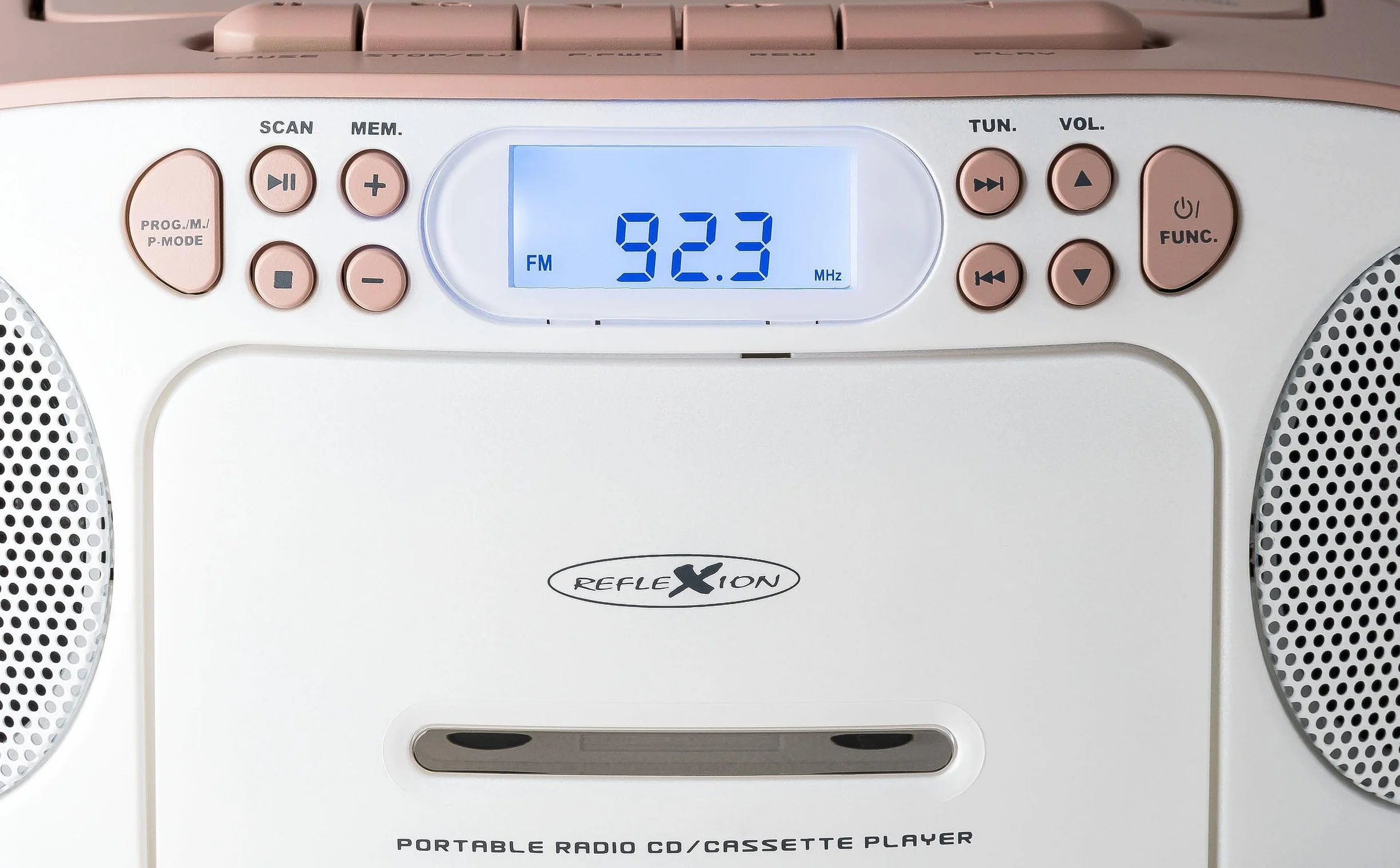Reflexion RCR2260 CD-Player mit Kassette und Radio für Netz- und Batteriebetrieb (PLL UKW-Radio, LCD-Display, AUX-Eingang, Kopfhörer-Anschluss), weiß/rosa