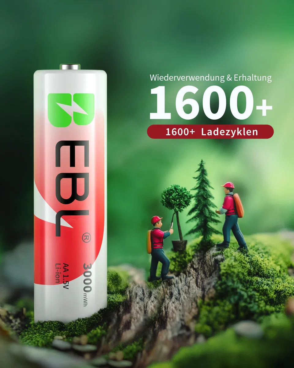 EBL Lithium Akku AA 8 Pack mit Ladegerät, 1.5v 3000mWh 1600 Zyklen Langlebige AA Wiederaufladbare Batterien, Ladegerät für Li-Ion und NIMH Akkus