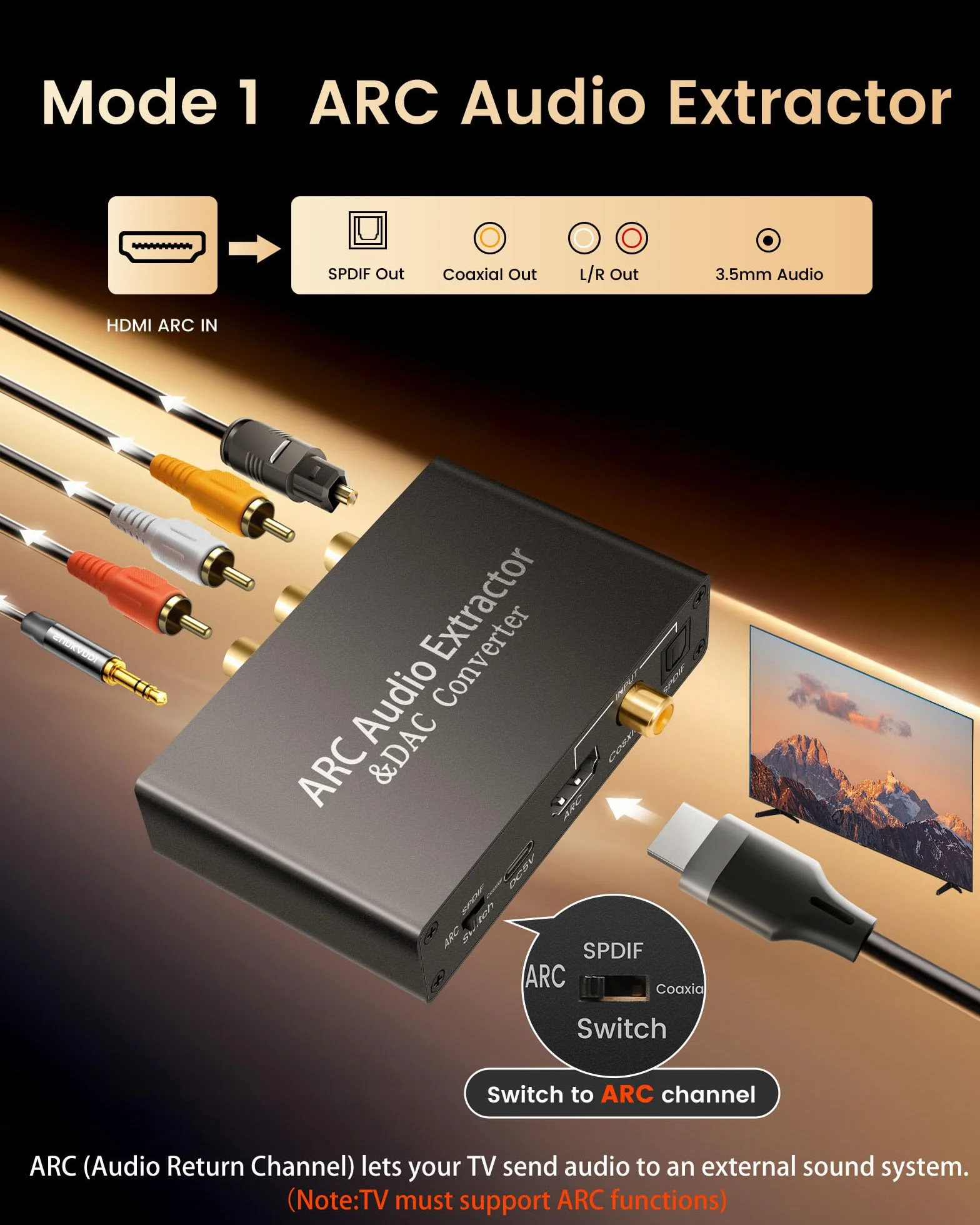HDMI ARC Audio Extractor DAC Audio Converter, 192 KHz Digital to Analog Converter mit CEC, HDMI ARC/Optical/Coaxial Input, SPDIF/Optical/RCA/3.5mm Stereo Output