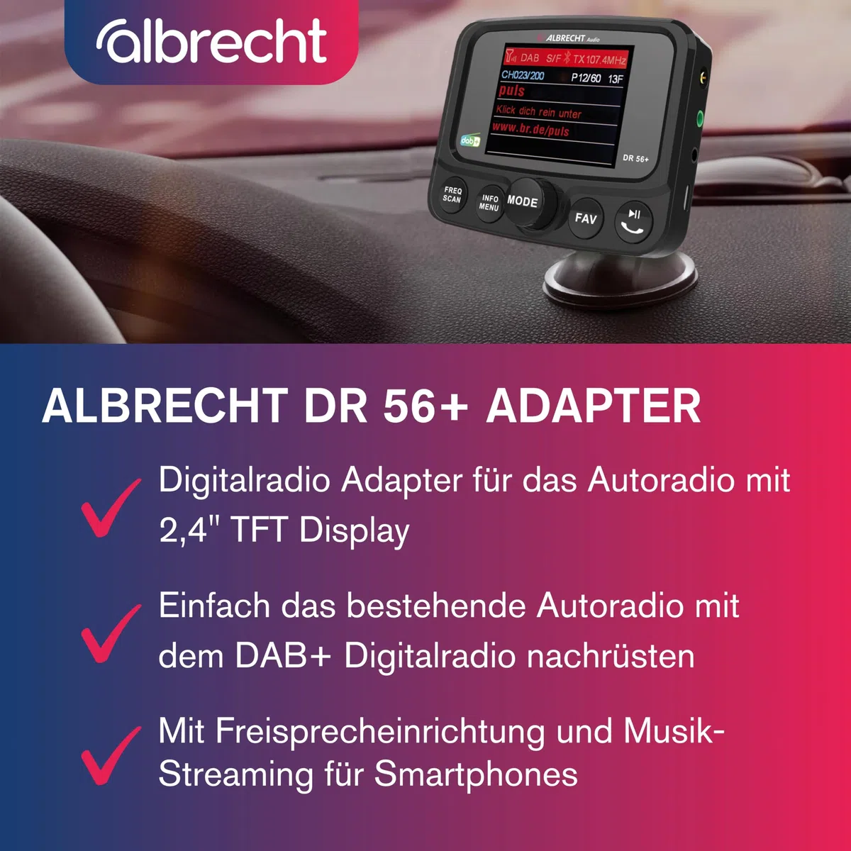 Albrecht DR 56+ DAB+ Adapter zum Aufrüsten von Auto-Radios mit TFT Display, 27256, mit FM-Transmitter für Musik-Streaming über das Handy, schwarz