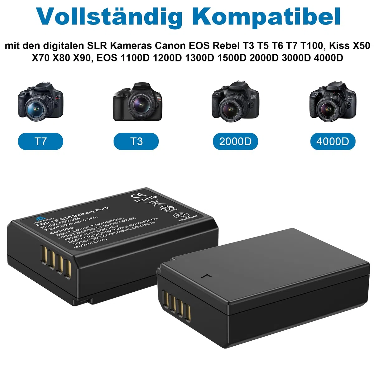 Homesuit LP-E10 Akku 1600mAh & Dual LED Ladegerät Kit für Canon EOS 1100D, EOS 1200D, EOS 1300D, EOS 2000D, EOS Rebel T3, T5, T6, T7, Kiss X50, Kiss X70 Kamera (2er-Pack)