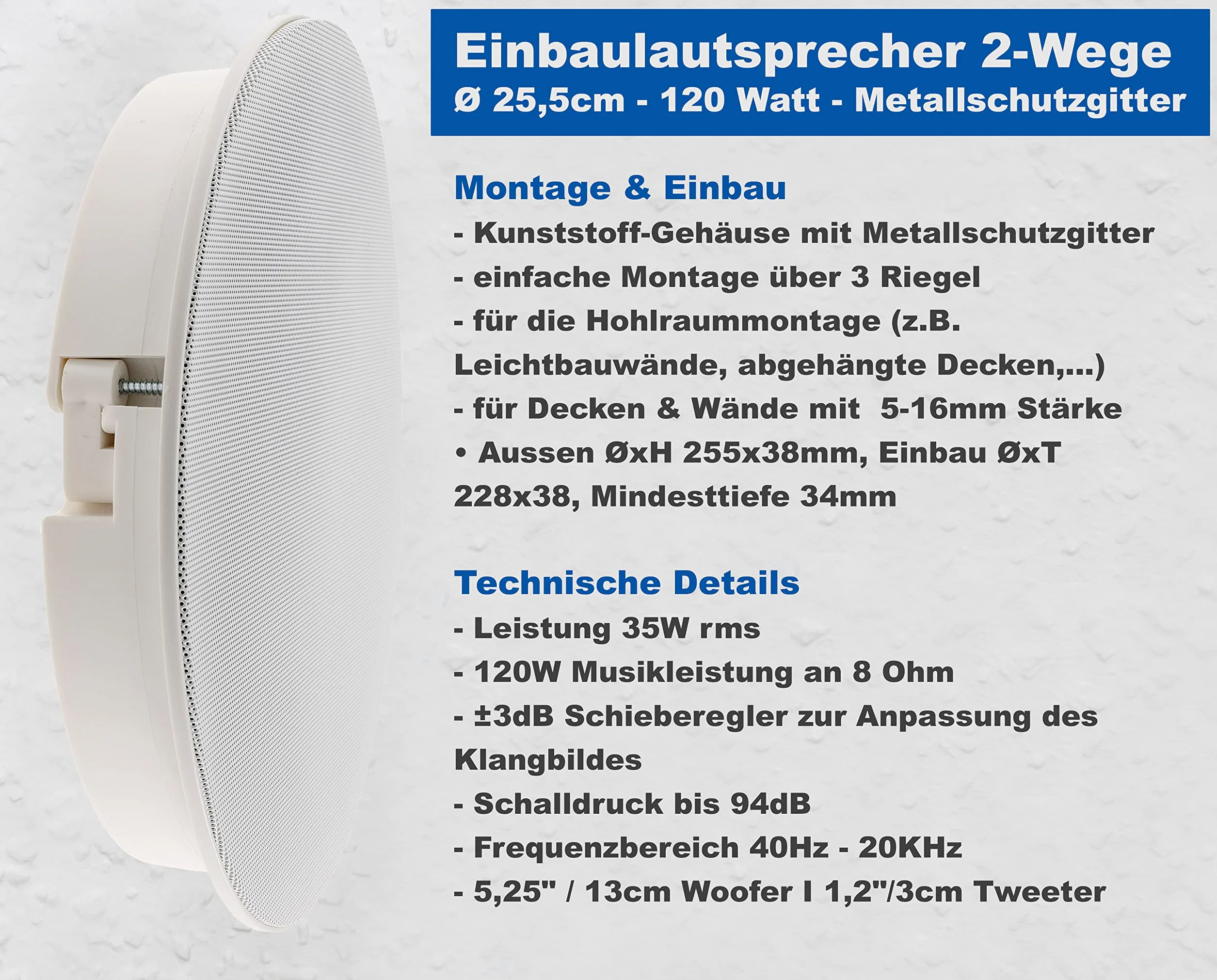 ChiliTec Einbaulautsprecher 2-Wege 120Watt Rund Ø 255mm Flat-Speaker Weiß