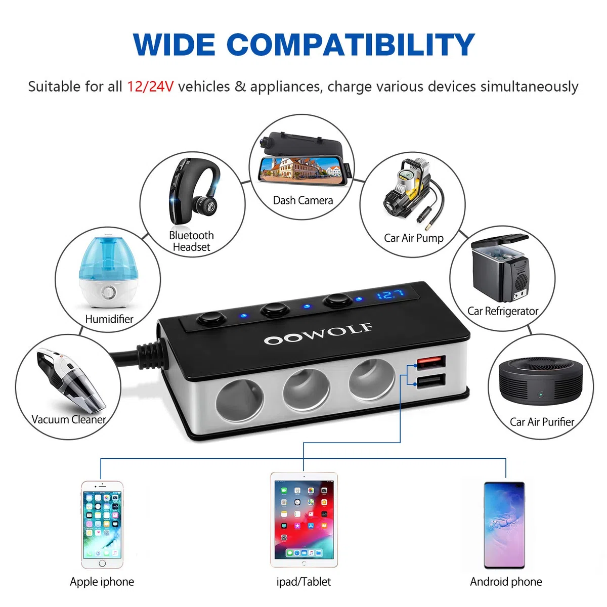 OOWOLF Zigarettenanzünder Verteiler, QC 3.0 180W 12V/24V, Adapter Auto Ladegerät, 3 DC Steckdose Splitter 4 USB Anschlüsse KFZ Verteiler für Smartphone, Tablet, GPS, Navi