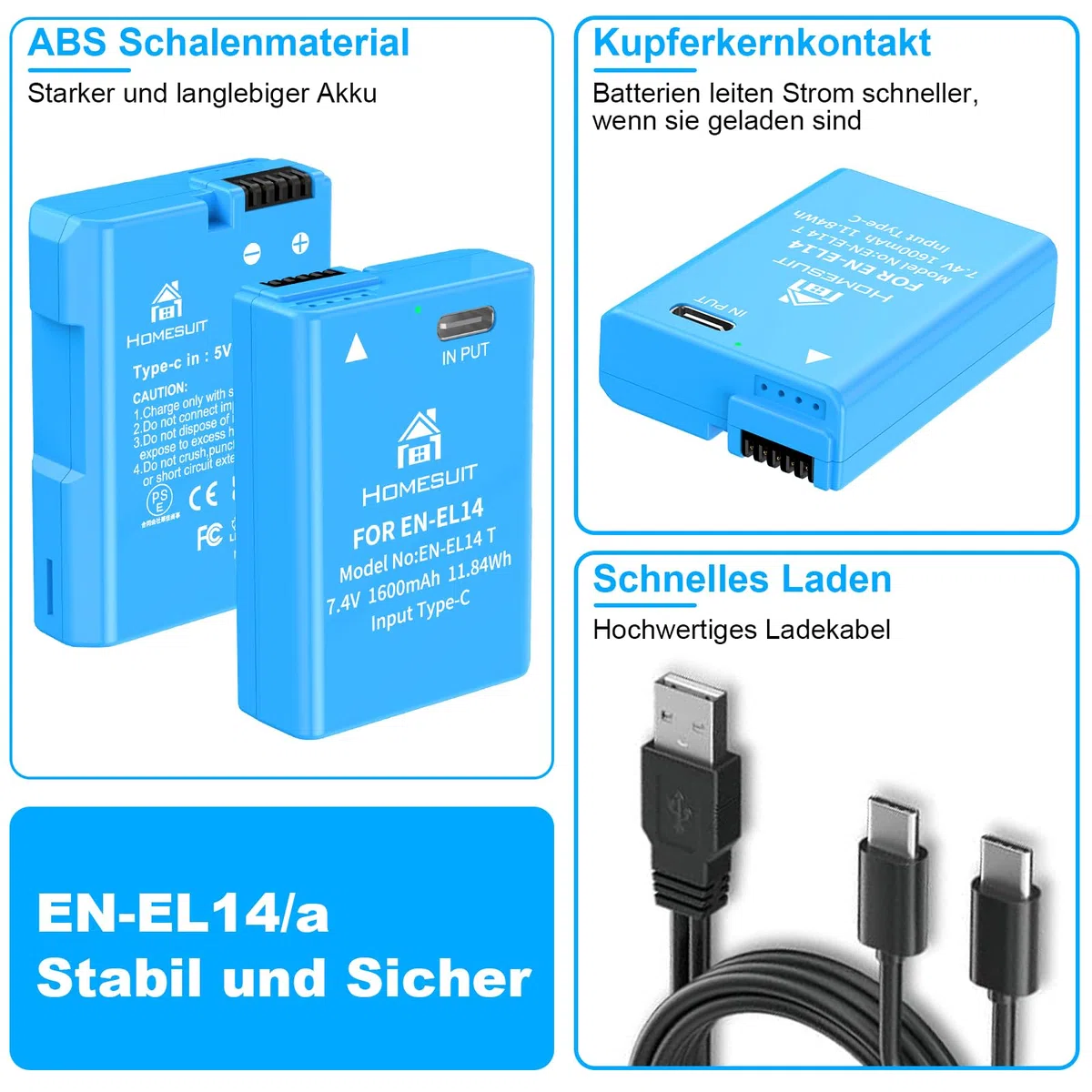 Homesuit EN-EL14 EN-EL14a Akku 1600mAh und 2-in-1 Typ-C Direktladekabel für Nikon D5600 D3300 D3500 D5100 D5500 D3100 D3200 D5200 D5300 Coolpix P7000 P7100 P7200 P7700 P7800 Kamera (2er-Pack)