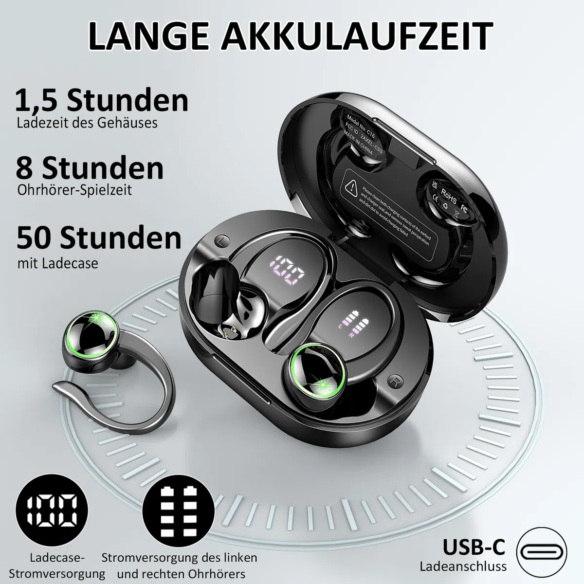 2026 Bluetooth Kopfhörer, Kopfhörer Kabellos Bluetooth 5.4 Sport tiefer Bass, 56 std Spielzeit In Ear Kopfhörer mit 4 ENC Noise Cancelling Mic, IP7 Wasserdicht Ohrhörer LED-Anzeige für Studium/Arbeit