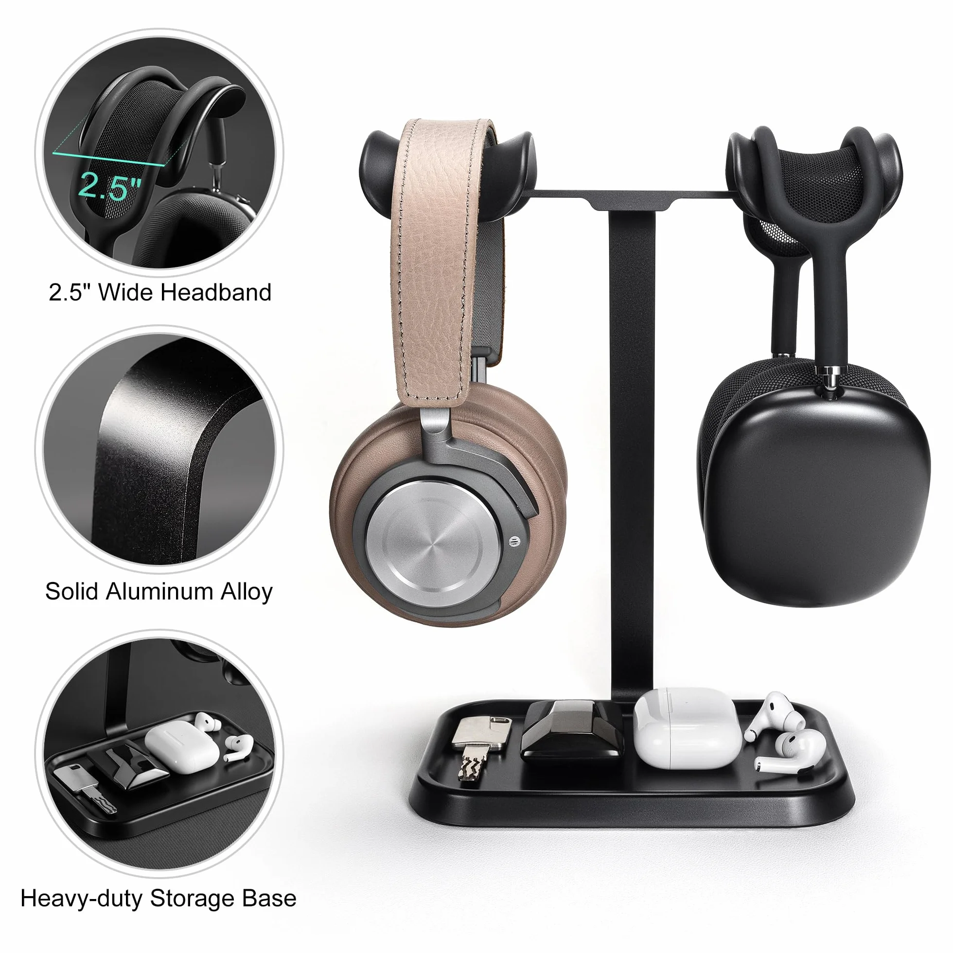 Doppel Kopfhörer Ständer, Stabiler Doppel Headset Halterung mit Ablagefach, Schwere Basis Gaming Kopfhörer Halter mit für Schreibtisch (Schwarz)