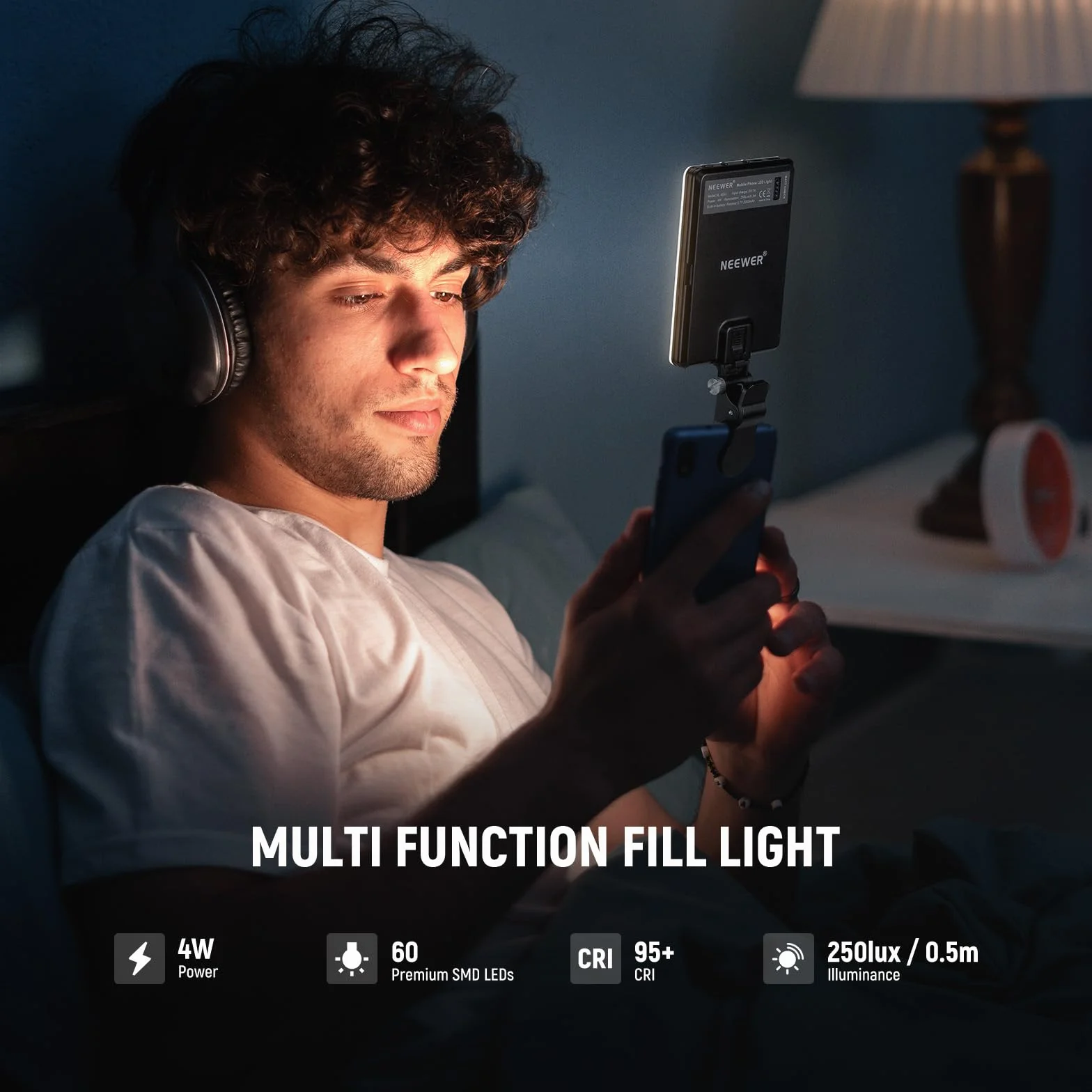 NEEWER Basic Clip On Selfie Licht kompatibel mit iPhone, 2000mAh wiederaufladbares LED Videolicht mit Handy Clamp für Computer Webcam, Laptop, Zoom Videokonferenzen, Make up Fotografie, NL-60AI
