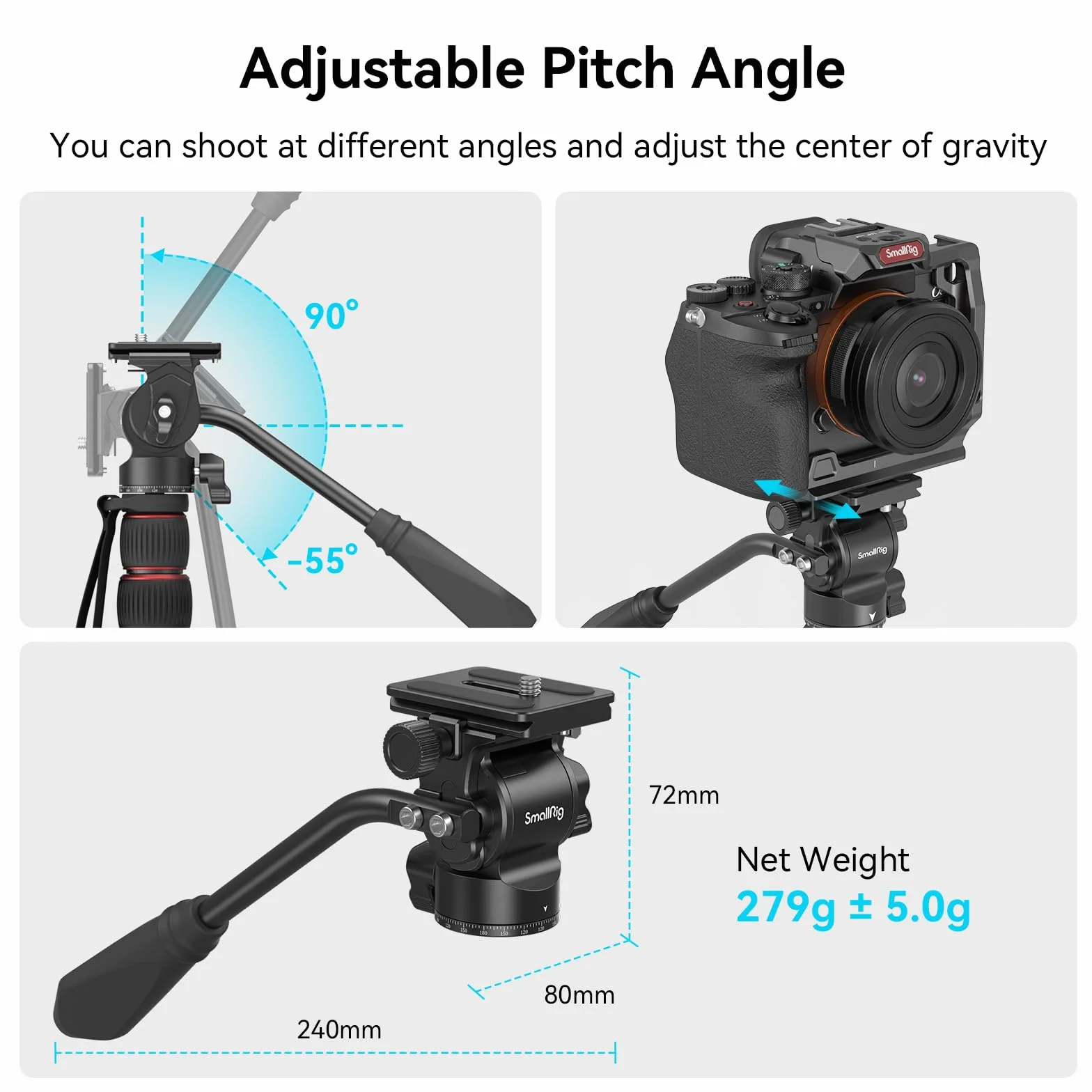 SMALLRIG Stativ Fluidkopf Pan Tilt Head CH10 mit Schnellwechselplatte, Fluid Head geeignet für AR-ca Swiss für Kompakt Videokameras und DSLR Kameras, 3kg Tragkraft für Stativ Kamera - 3259B
