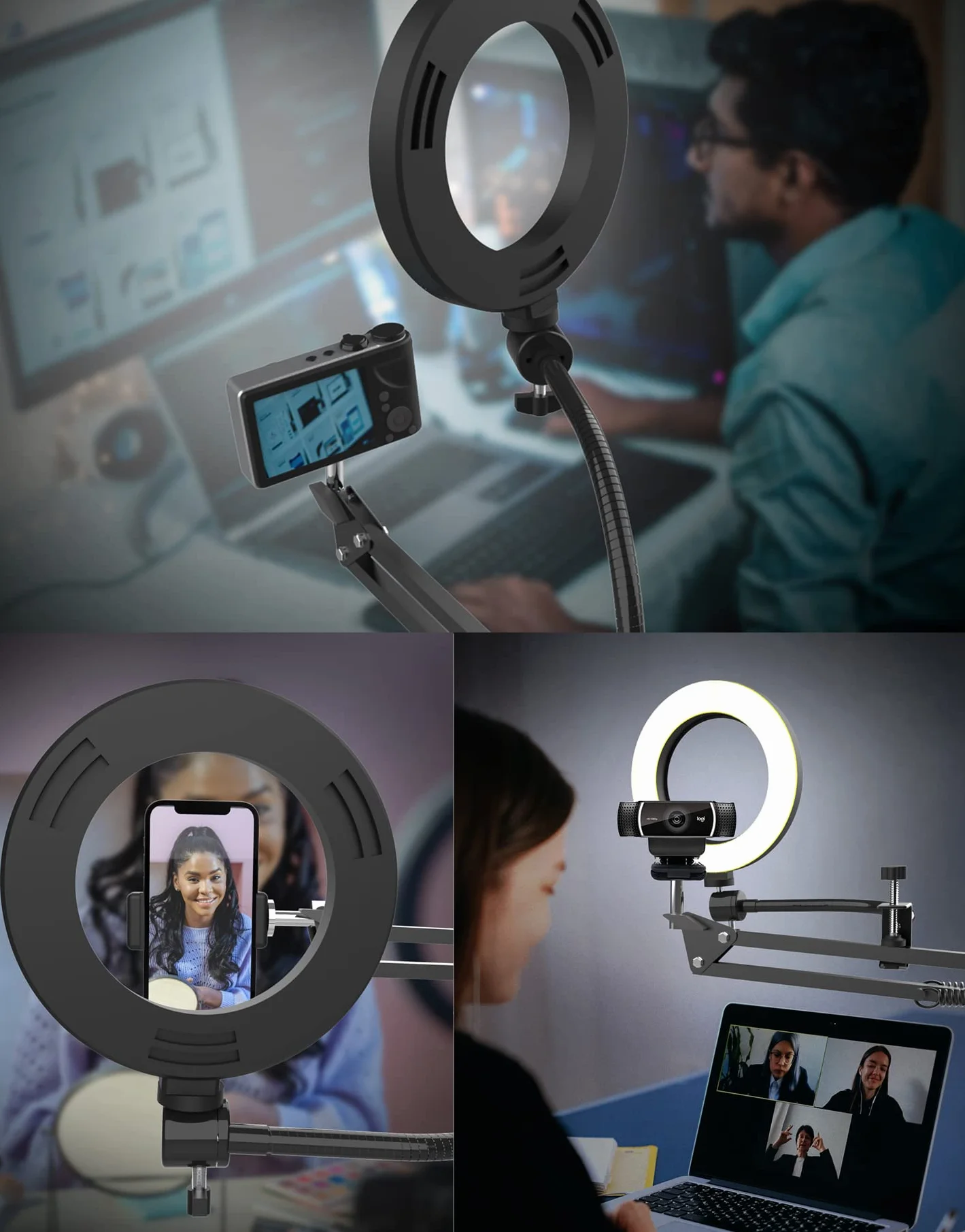 Overhead Stativ Handy mit Ringlicht, Flexibler Tisch Kamera Arm mit Licht, Flexible Tisch Kamera Arm Halterung mit Ringlicht für YouTube Live Stream Videoaufzeichnung, Kompatibel mit iPhone, Logitech