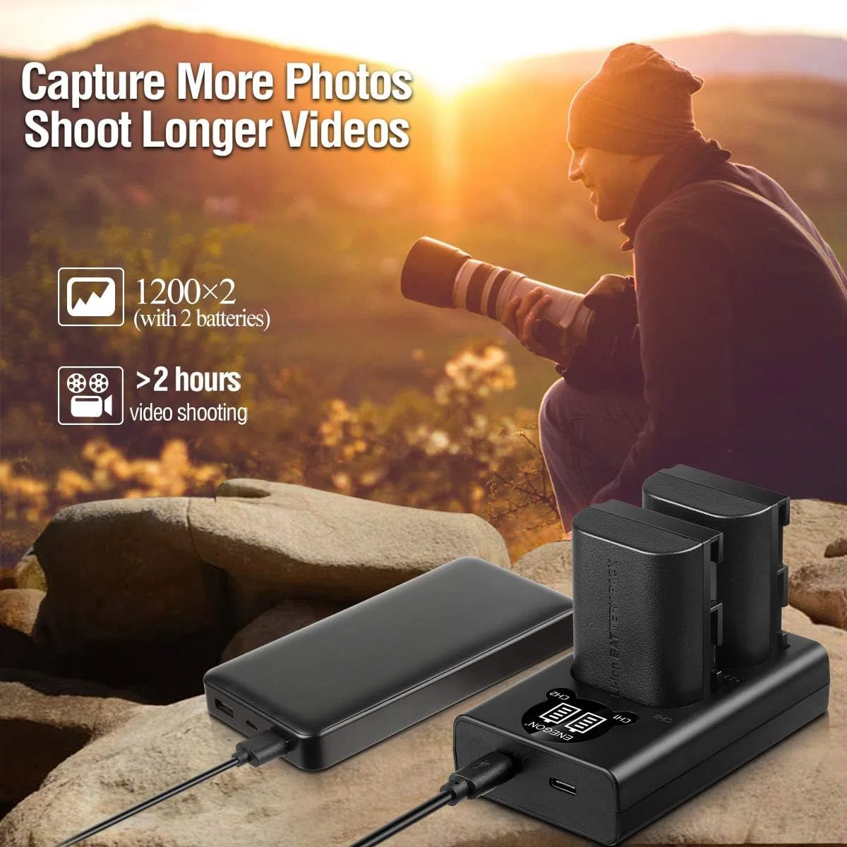 ENEGON LP-E6 Ersatzakku (2 Stück) und Smart LED Dual USB Ladegerät für Canon LP-E6, LP-E6N und Canon EOS 5D Mark II/III/IV, 5DS, 5DS R, 6D, 7D, 7D Mark II, 60D, 70D, 80D und mehr