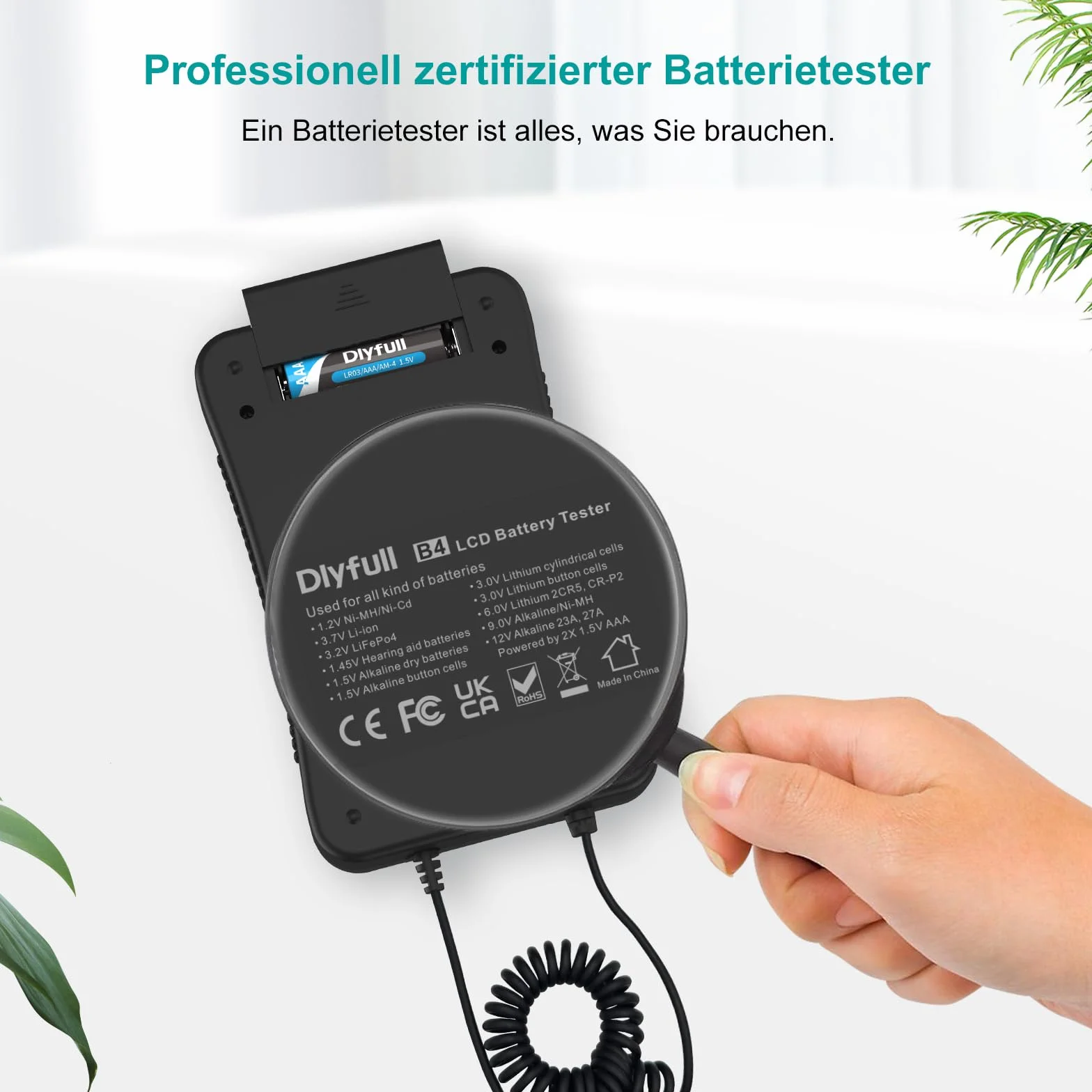 Dlyfull Universal Batterietester für AAA AA C D 9V CR123A CR2032, Batteriemessgerät mit LCD Display für Alle Batterien und Akku, Digitaler Testgerät für 1,5V und 3V Knopfzellen, B4 pro