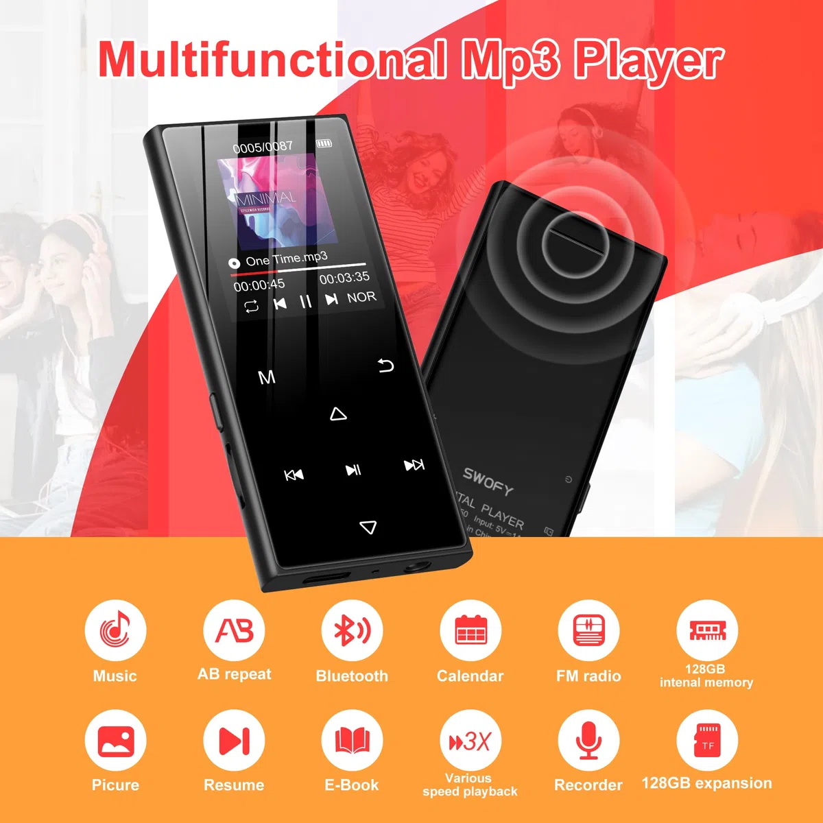 SWOFY 128GB MP3-Player Bluetooth 5.3, 1.8-Zoll-Screen & HiFi-Musik, mit Lautsprecher, FM-Radio, E-Book-Funktion und Aufnahmefunktion (schwarz)