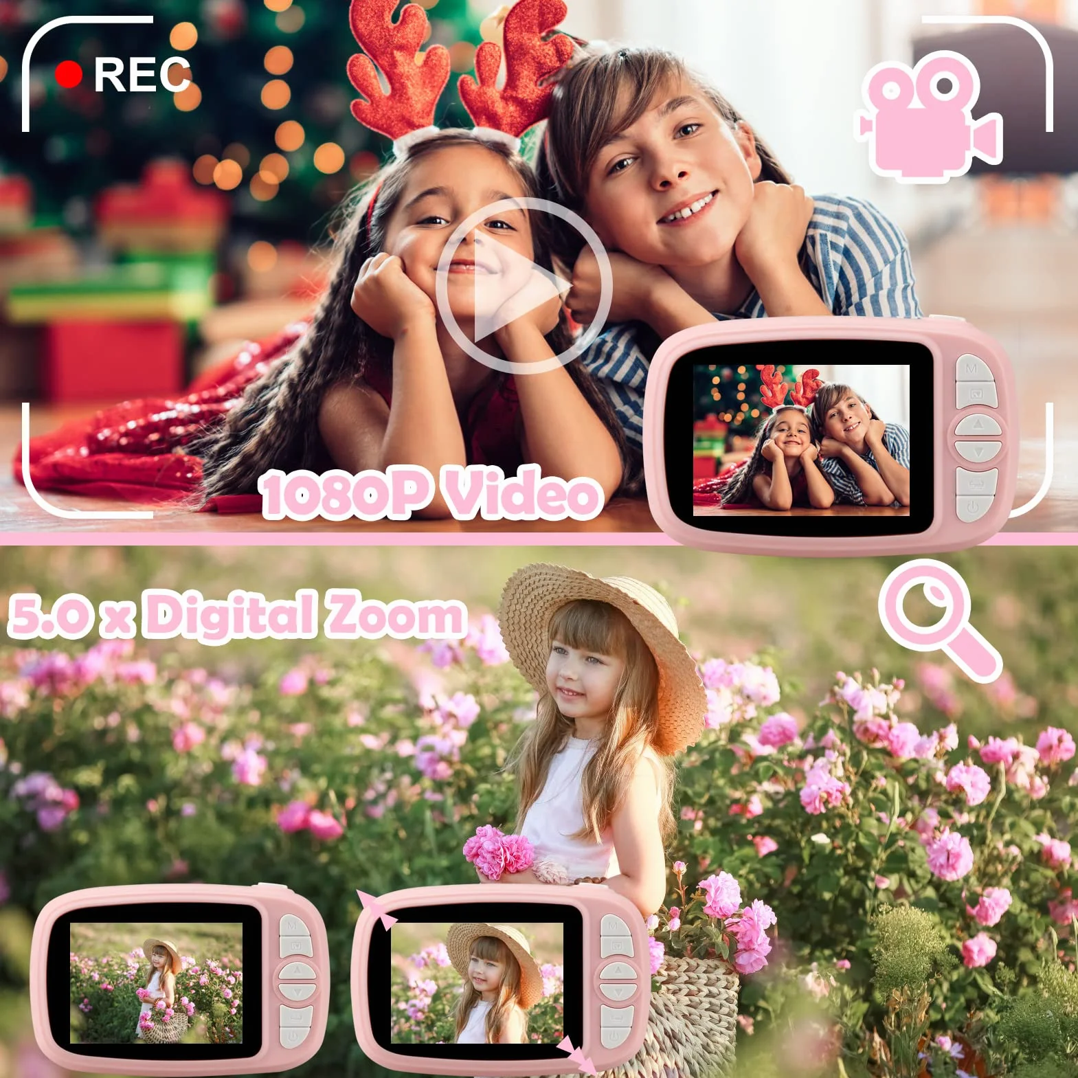 Sofortbildkamera Kinder, Instant Digitalkamera 3.5" 1080P Zero-Ink Sofortbildkameras Kamera mit 4 Rollen Druckpapier, 32GB TF-Karte Digital Kinderkamera Geschenke Junge für 3-14 (Rosa)