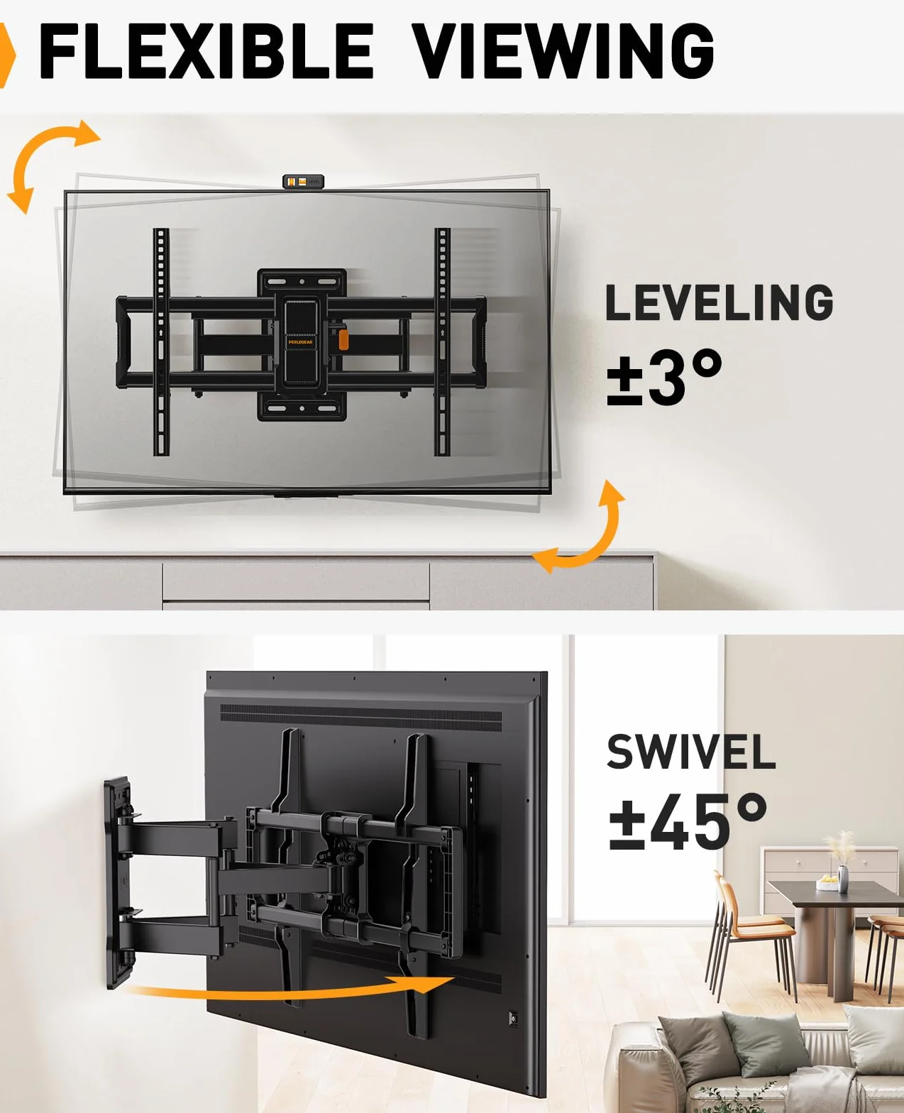Perlegear TV Wandhalterung Schwenkbar Neigbar für 42-86 Zoll Flach & Curved Fernseher, TV Halterung max.VESA 600x400mm bis zu 60kg