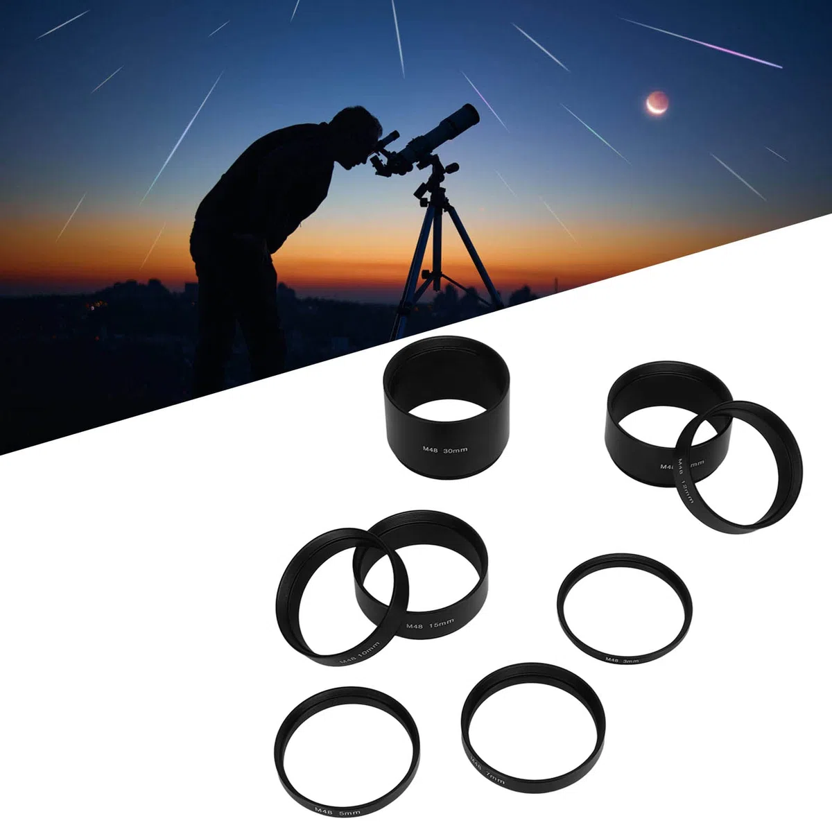 8 PCS M48x0.75 Brennweiten-Verlängerungsrohr-Set, 3 5 7 10 12 15 20 30mm Teleskopverlängerung Zubehör für Astronomische Teleskop Fotografie