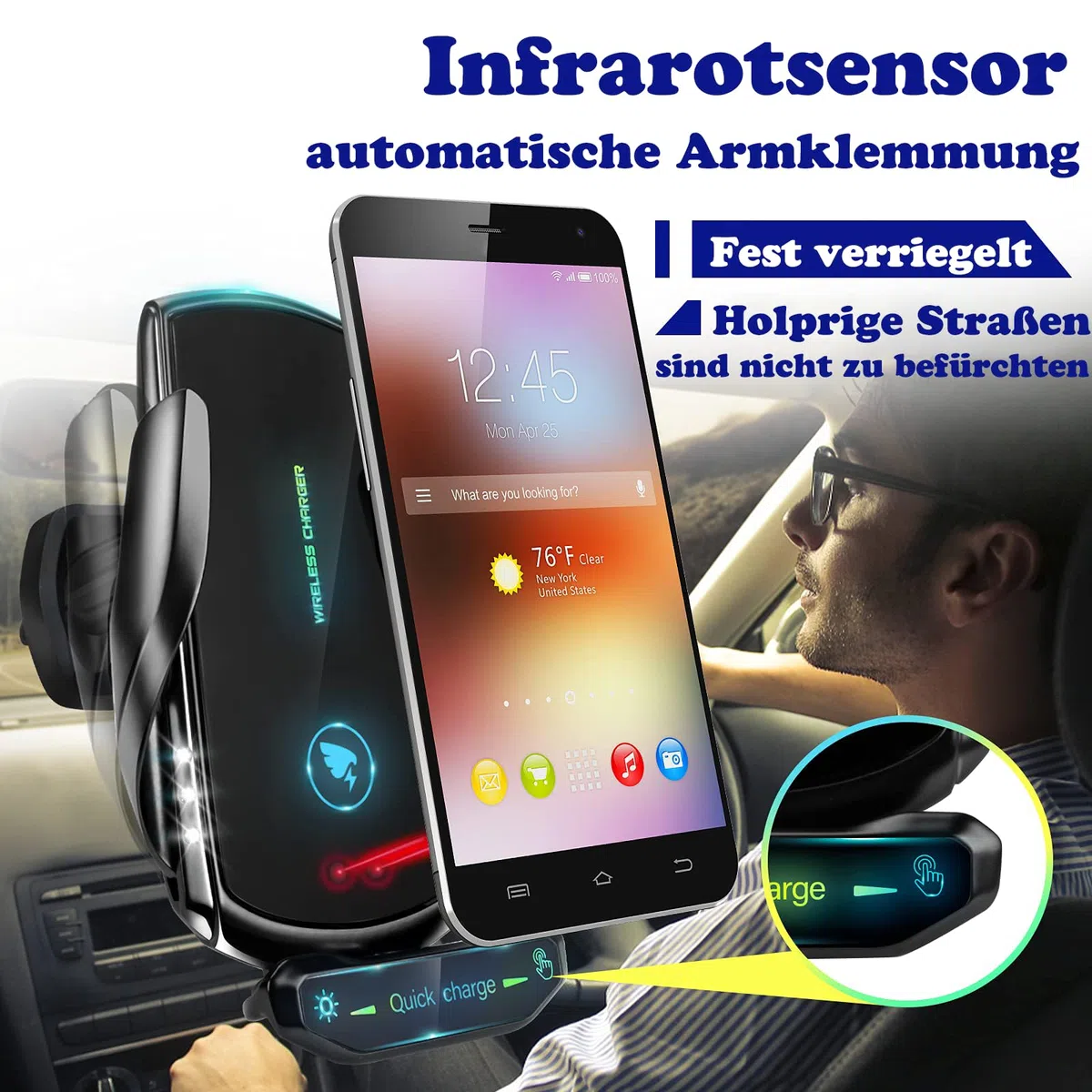 15W Handyhalterung Auto mit Ladefunktion,【induktiver Schalter】 Qi Induktive Ladestation Auto Kfz Ladegerät Zubehör Wireless Charger Car für jedes Mobiltelefon (Schwarz)