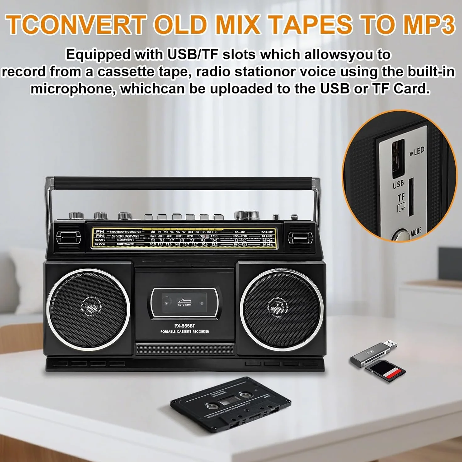 Kassettenspieler mit Bluetooth & Radio (AM/FM/SW) | Digitalisierung von Kassetten auf USB | Stereo Sound,10W, Kassettendeck, USB/TF-Wiedergabe, Netz-/Batteriebetrieb Boombox, Kopfhöreranschluss