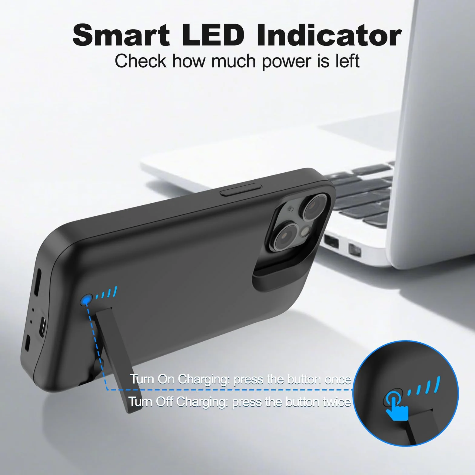 Akku-Hülle für iPhone 15, Echtes 8500 mAh, Schmal, Wiederaufladbar, Erweitertes Ladegerät, Ladehülle Mit Ständer, Tragbare Schützende Powerbank für iPhone 15, 6,1 Zoll – Schwarz