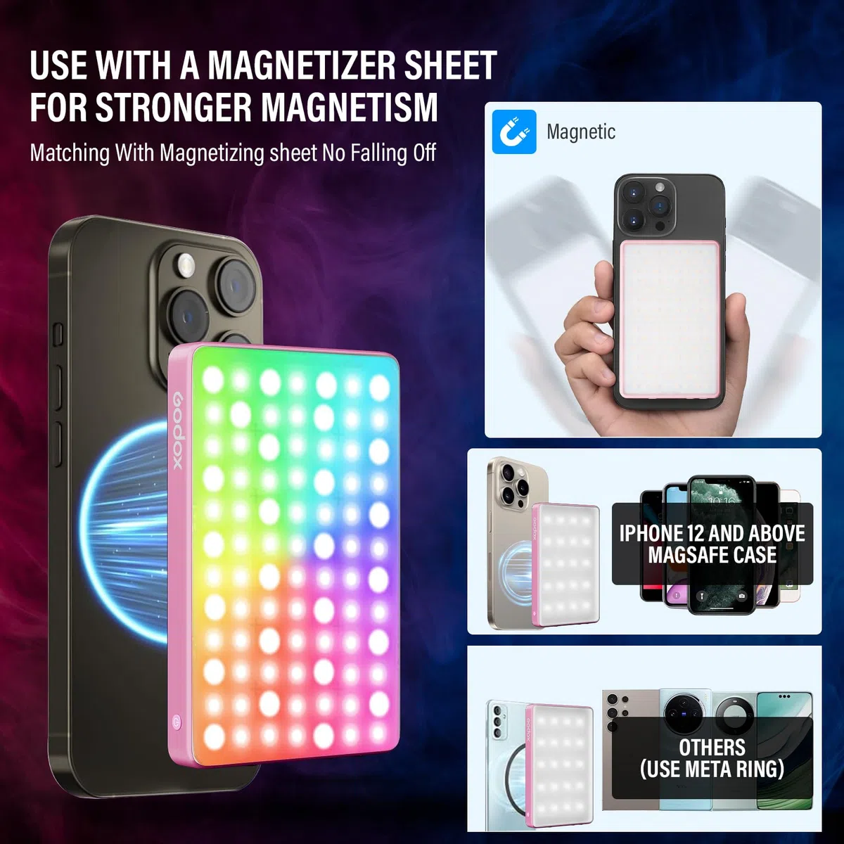 GODOX MA5R Magnetic Full Colour RGB Video Light, 1800K-10000K 14 Pre-Programmed Effects LED Light Photo for Selfie DSLR Camera (rosa)