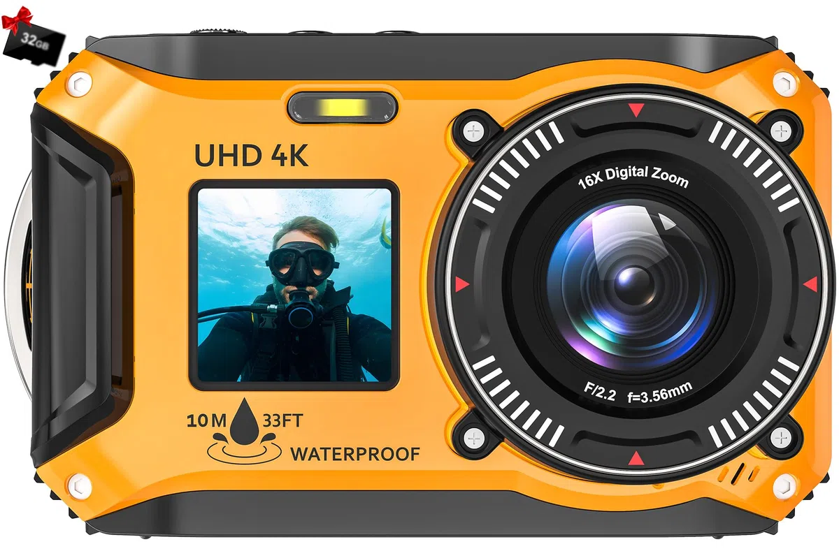 4K 56MP 33FT UHD Unterwasserkamera zum Schnorcheln mit 32GB Karte Dual-Screen wasserdichte staubdichte schwimmfähige Kamera Autofokus 1500mAh