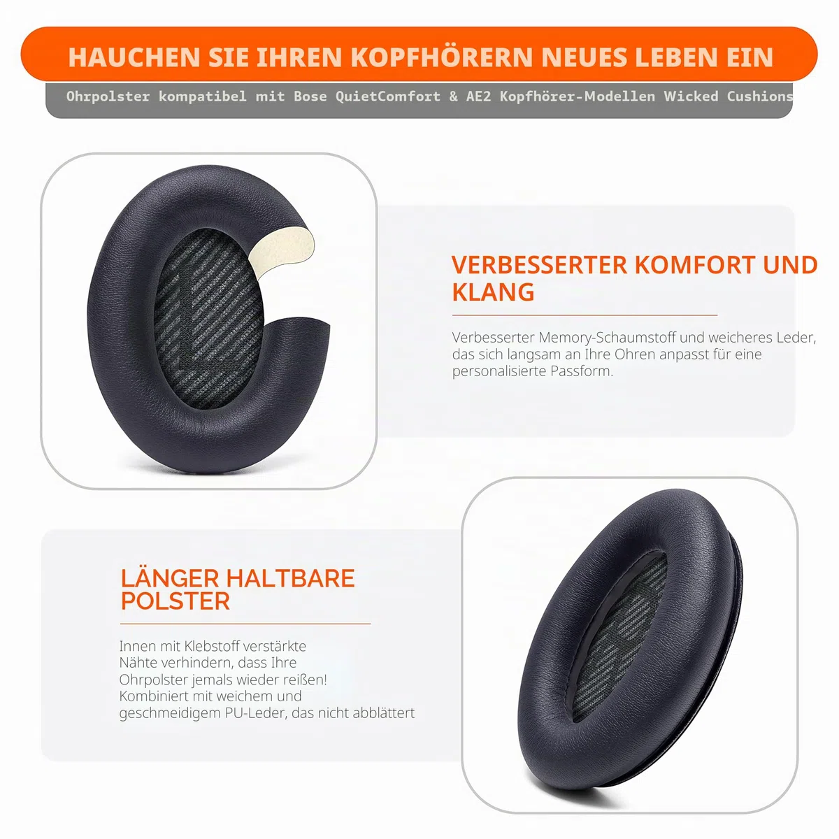 WC Wicked Cushions Ersatzohrpolster Kompatibel mit Bose QuietComfort 35 (QC35) & QuietComfort 35ii (QC35ii) Kopfhörern & mehr - Verbesserter Komfort & Haltbarkeit | Black